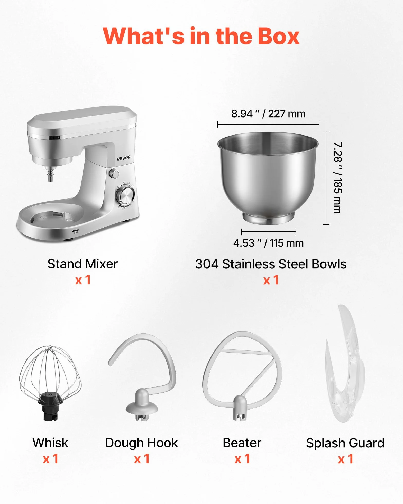 VEVOR Knetmaschine Küchenmaschine zum Backen, 1500 W Teigmaschine mit Edelstahlschüssel (5,7 L) & Knethaken & Rührbesen & Schneebesen, 10-Gang einstellbare kippbare Rührmaschine Standmixer