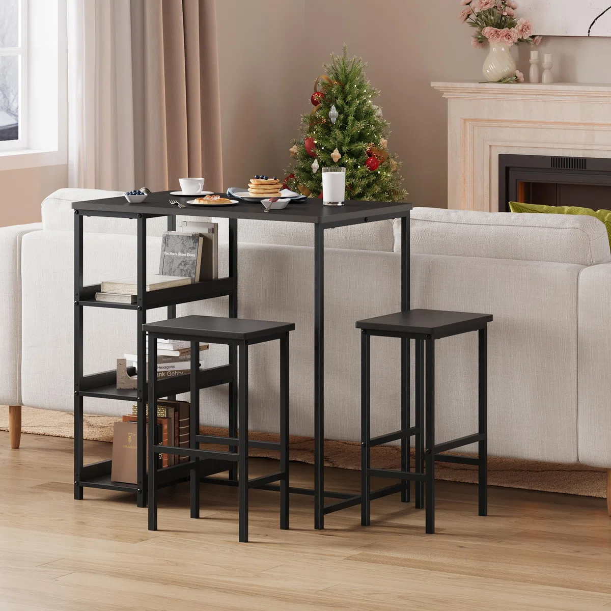 3-teiliges Esszimmer-Set – Moderner Esstisch mit Metallgestell & Holzoptik, 2 Barhockern, Ablagefächern, platzsparend für Küche, einfache Montage, Schwarz, Black Tube + Black Wood Grain