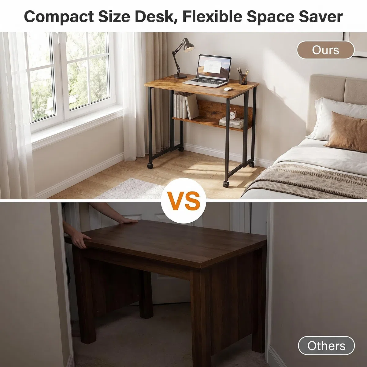 Fiutazge Schreibtisch klappbar, klappschreibtisch mit Rollen, Kleiner Klappbarer Computertisch mit Regal, Beistelltisch, Klapptisch für Home Office, Industrie-Design Dunkelbraun 80 x 58 x 75 cm