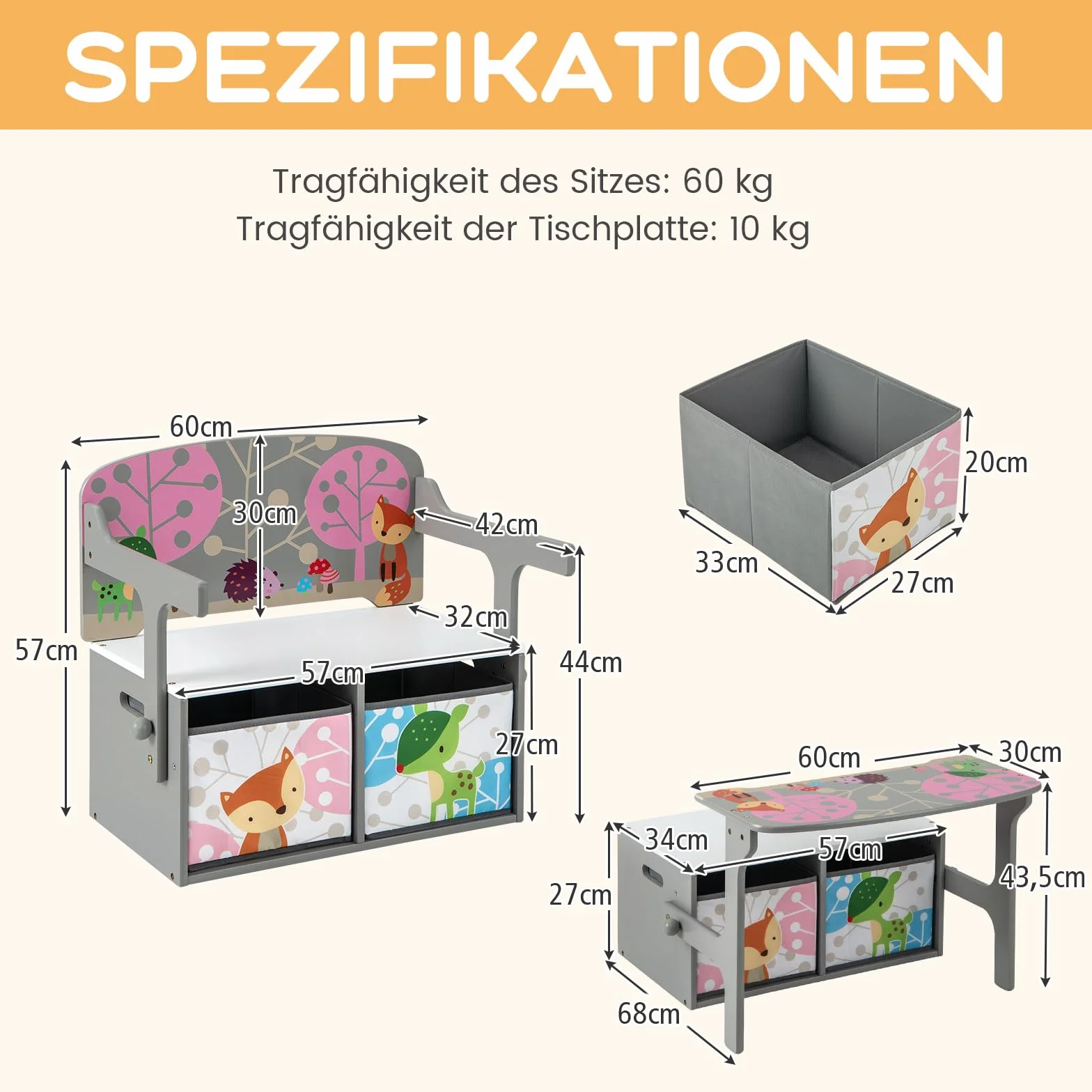 COSTWAY 3-IN-1 Kindertisch mit Sitzbank, Kindersitzgruppe mit 2 abnehmbaren Körben, Kindersitzbank mit stauraum, Spielzeugtruhe mit Rückenlehne, Sitztruhe Truhenbank für Kinderzimmer (Grau)