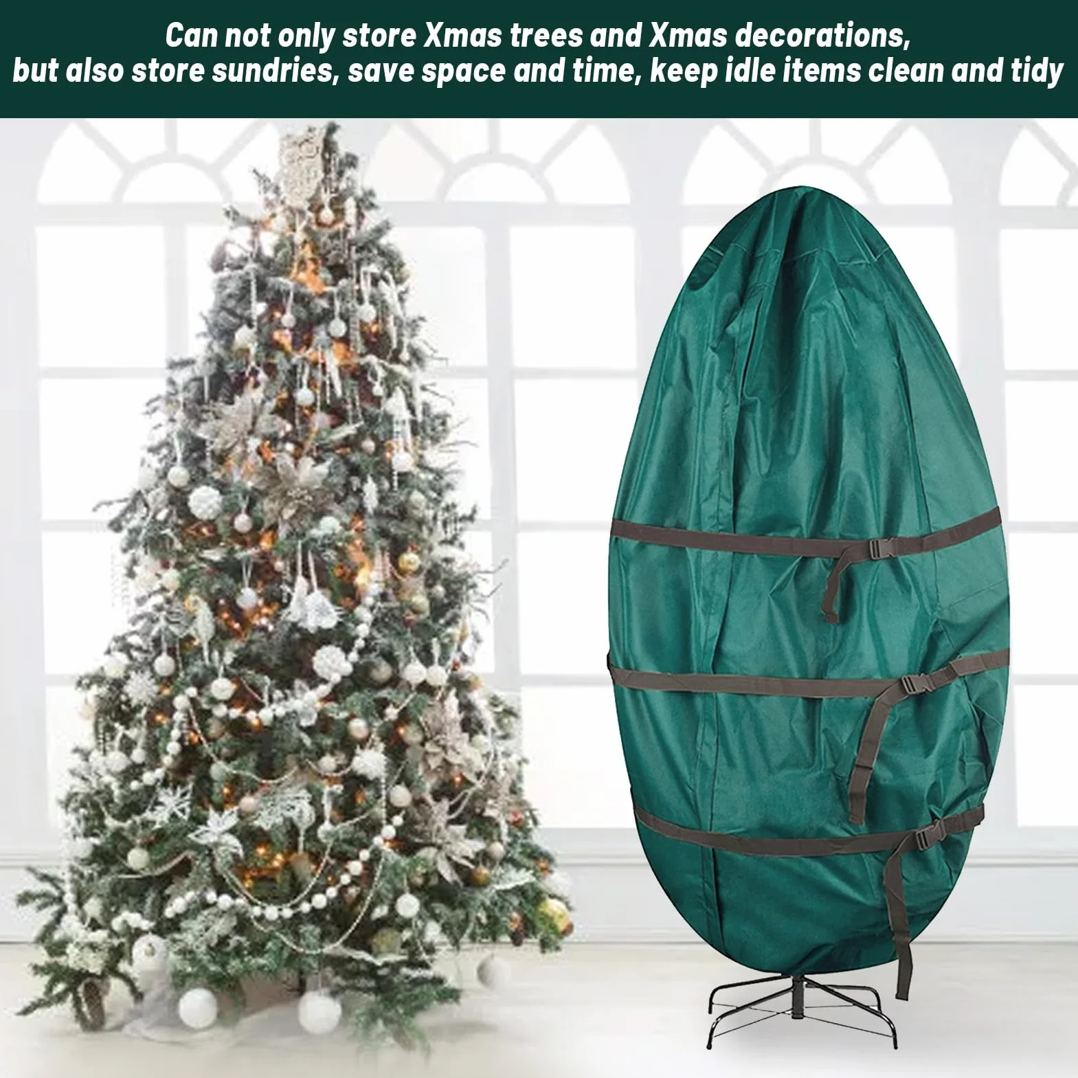 Aufrechter Weihnachtsbaum-Aufbewahrungsbeutel, Staubdicht, Wasserdicht, Robust, Künstlicher Weihnachtsbaum, mit Kordelzug und Spanngurten, Weihnachtsbaum-Abdeckung (grün) (45 * 94