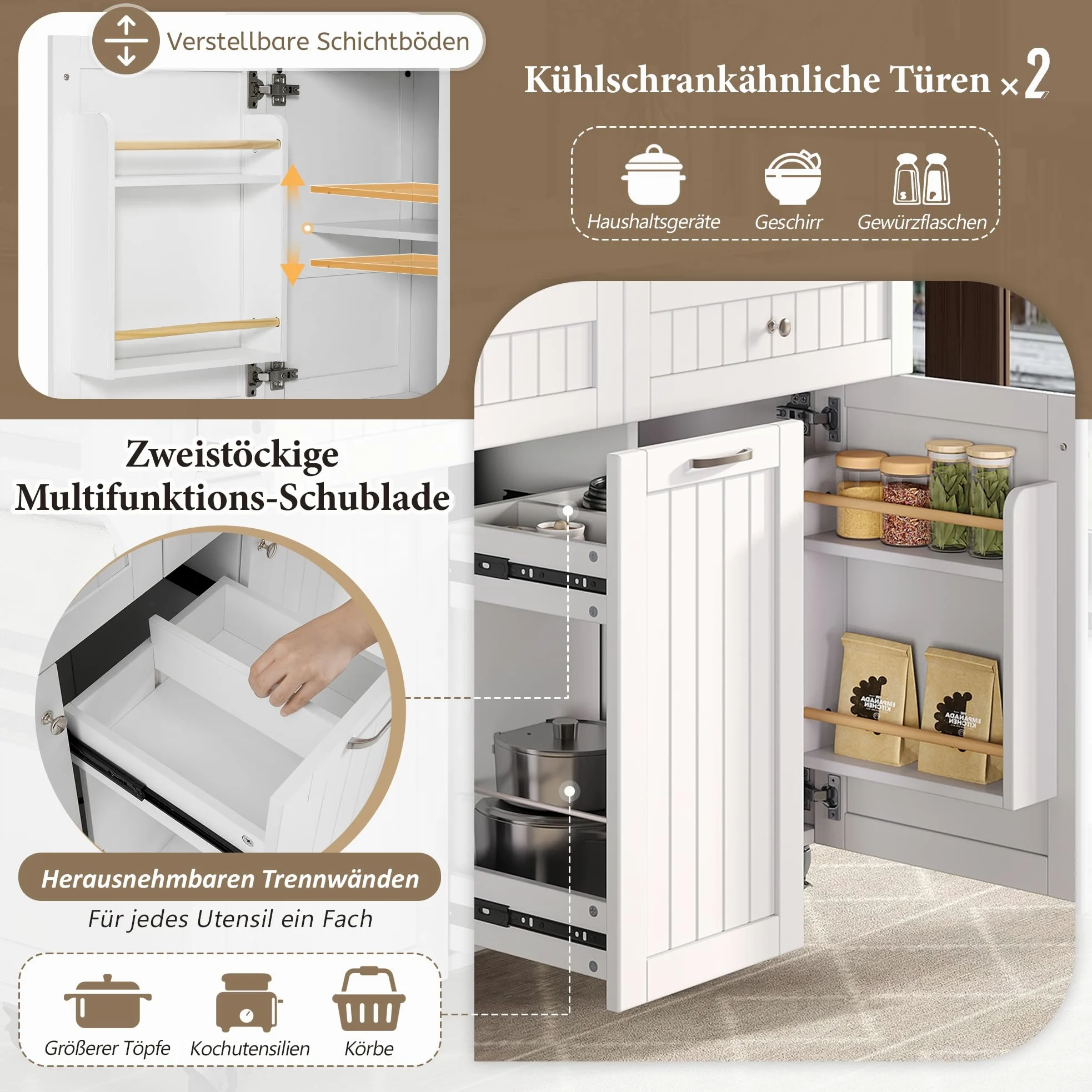 Küchenschrank mit Klappbarer Arbeitsplatte, Verstellbare Trennwand, Küchenwagen mit 5 Rollen, Freistehende Kücheninsel mit 3 Schubladen, 139.5 x 40(70) x 92 cm, Weiß