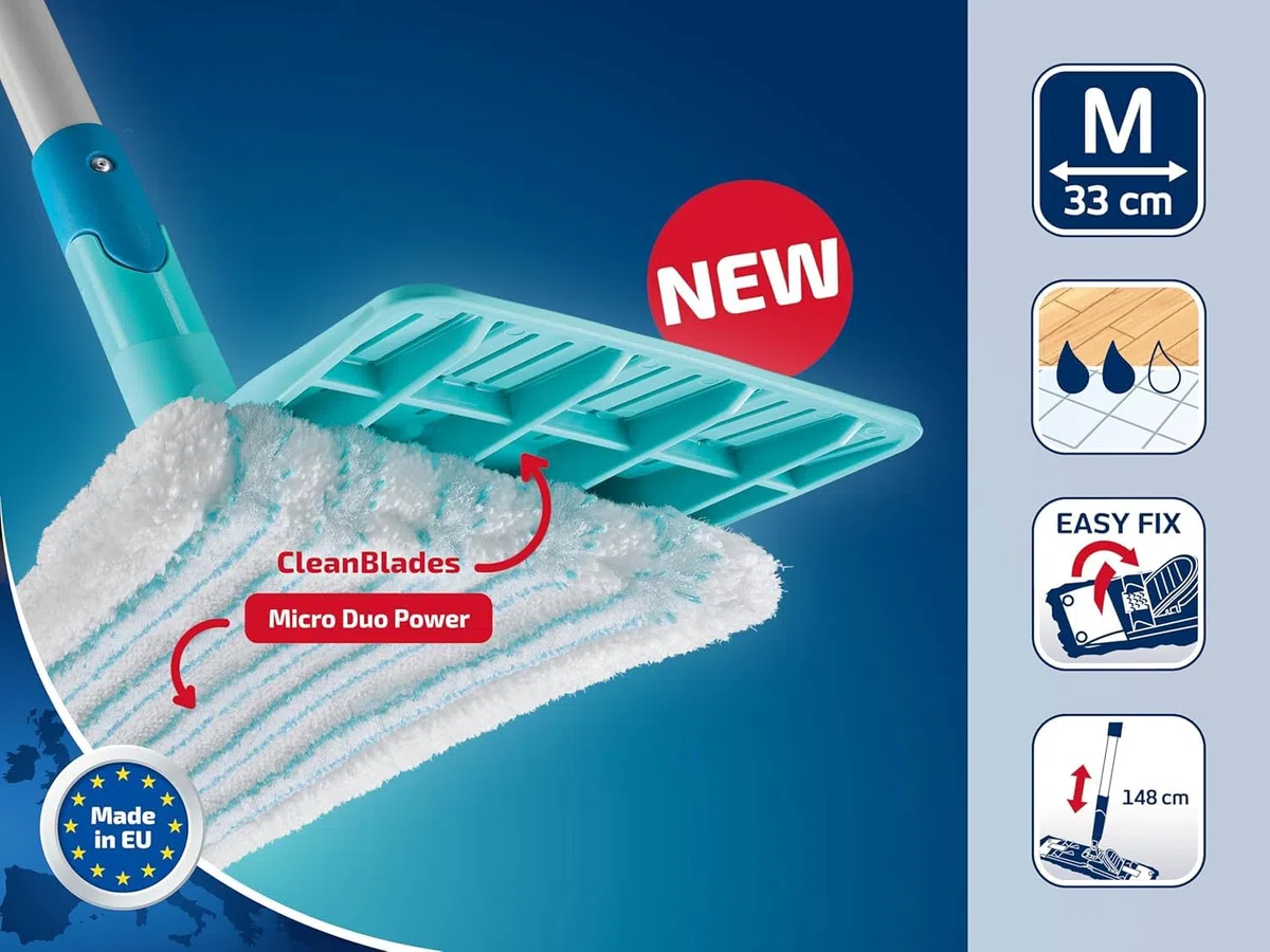 Leifheit Set Power CLEAN, Wischer,rückenschonender Bodenwischer mit Reinigungsklingen, Wischtuchpresse, Wischmopp Set mit Eimer und 2X Mikrofaser Wischbezüge für alle Hartböden, Click-System