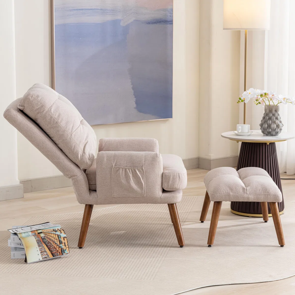 Merax Relaxsessel mit 10-stufig Liegefunktion, Bequemer Sessel mit Hocker, Fernsehsessel mit Seitentaschen, Beige