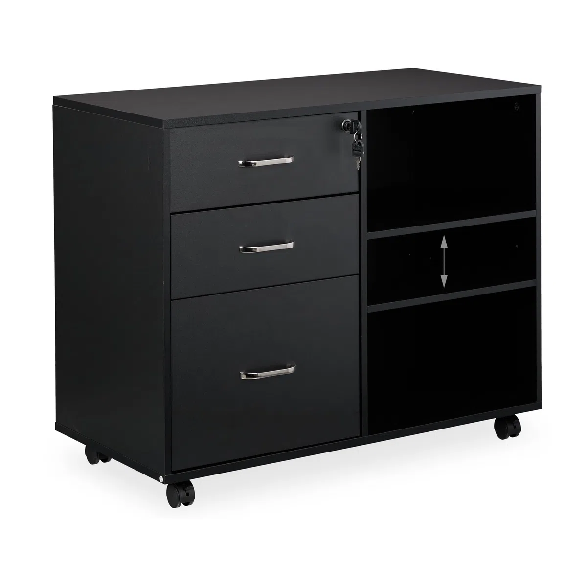 Relaxdays Rollcontainer, 3 Schubladen, 2 Fächer, Hängeregister, HxBxT: 66x80x40 cm, abschließbarer Aktenschrank, schwarz