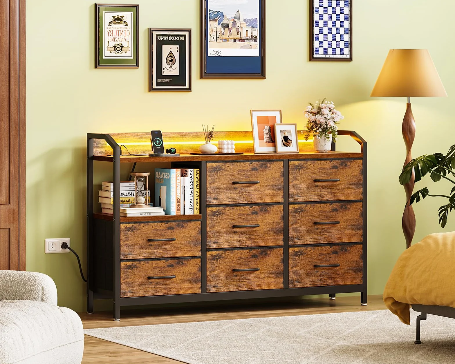 ODK Kommode mit Schubladen, Schubladenschrank mit LED-Lichtstreifen mit 10 Einstellbaren Farben und 2 USB- und 2 AC-Steckdosen, 8 Stoffschubladen, Wohnzimmer Schlafzimmer Kommode, 110*30*88cm Vintage