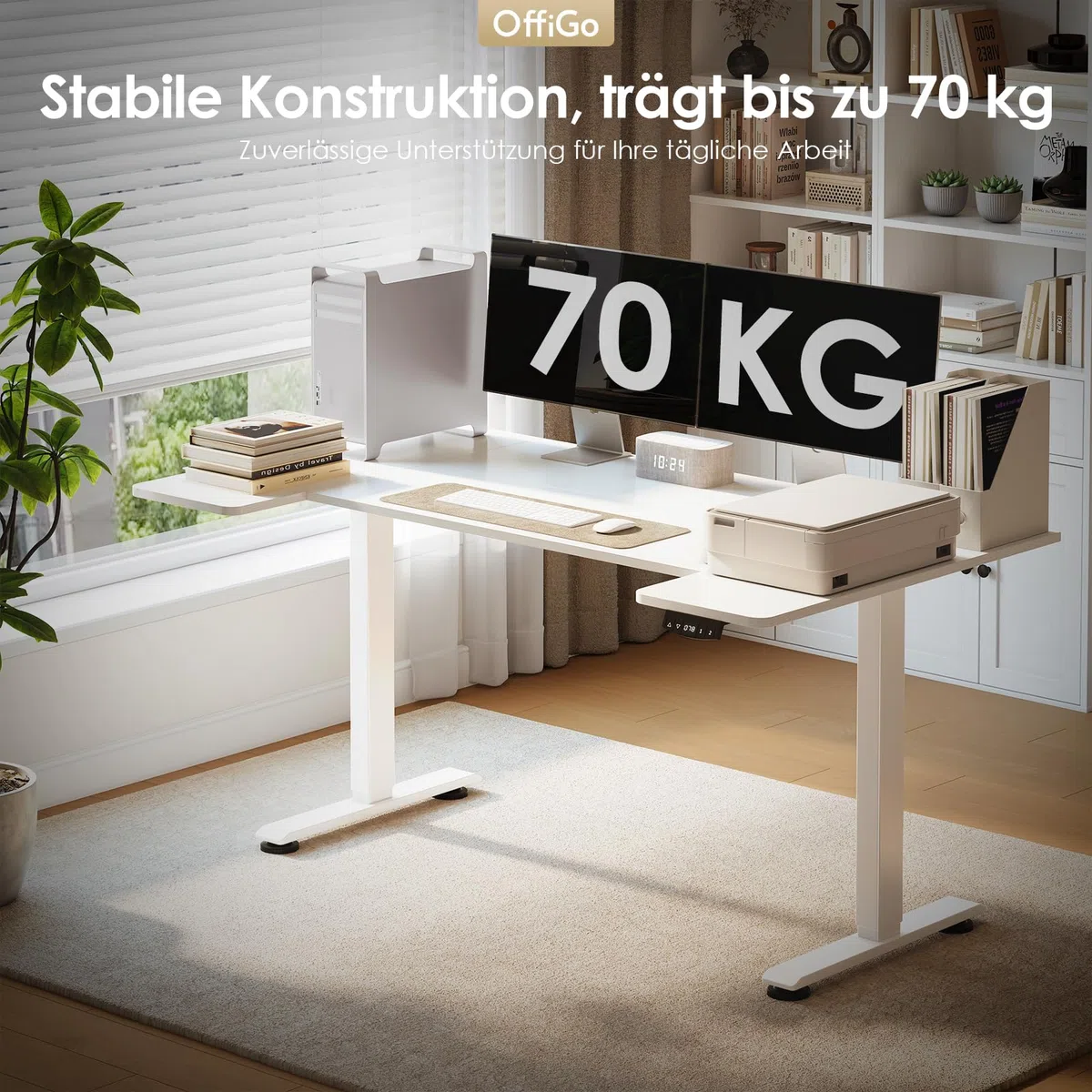 OffiGo U-förmiges Höhenverstellbarer Schreibtisch, 140 x70 cm, Elektrischer Steh-Sitz Tisch, Standing Desk, Home Office Computertisch, Memory Funktion, Leiser Motor, Weiß