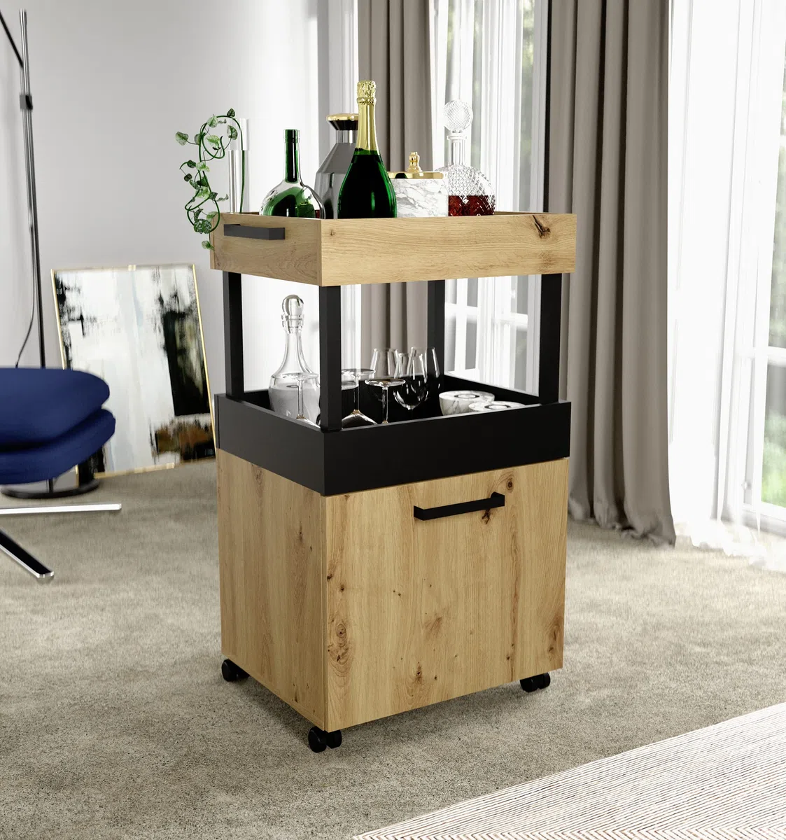 FORTE HOME BAR Barschrank mit Rollen und 1 Tür, Holzwerkstoff, Artisan Eiche / Schwarz matt, 50.2 x 88.5 x 41 cm