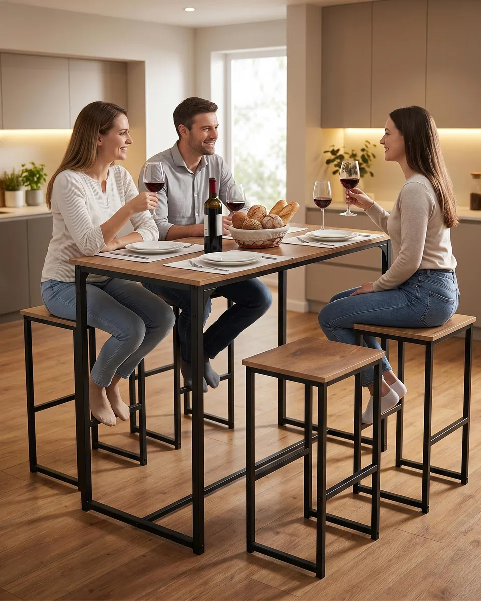 Bartisch Holz Küche, Bartisch mit Barhocker Set, Stehtisch Holz Outdoor, Hochtisch Küche mit Stühlen Set, Vielseitiges modernes Design Bistrotisch mit 4 Stühlen