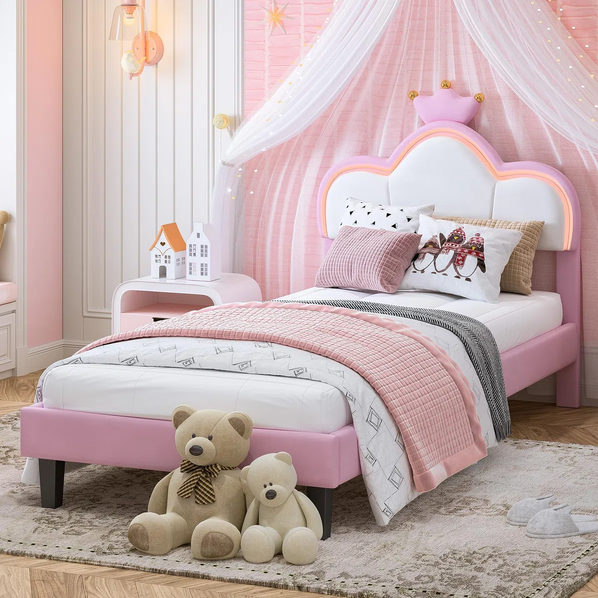 Polsterbett Einzelbett 90x200 cm Kinderbett mit LED Beleuchtung App-Steuerung Krone-Design Samt Rosa Weiß