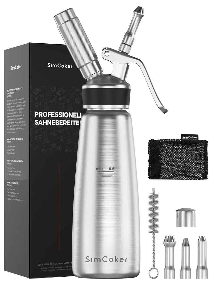 Sahnespender,Edelstahl Sahnesiphon 500ml,inklusive Ersatzteile 3 Spritztüllen und 1 Reinigungbürste, Schlagsahnebereiter,Deutsche Anweisungen