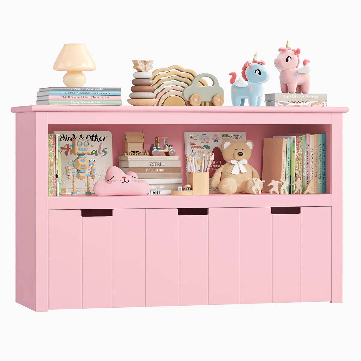 FOREHILL Kinderregal mit Boxen auf Rollen, Spielzeug Aufbewahrung Kinderzimmer Möbel, Spielzeugregal, Kinderschrank, Regal mit 3 Boxen, Truhen & Kisten für Kinder 102 x 33 x 61,5cm Rosa
