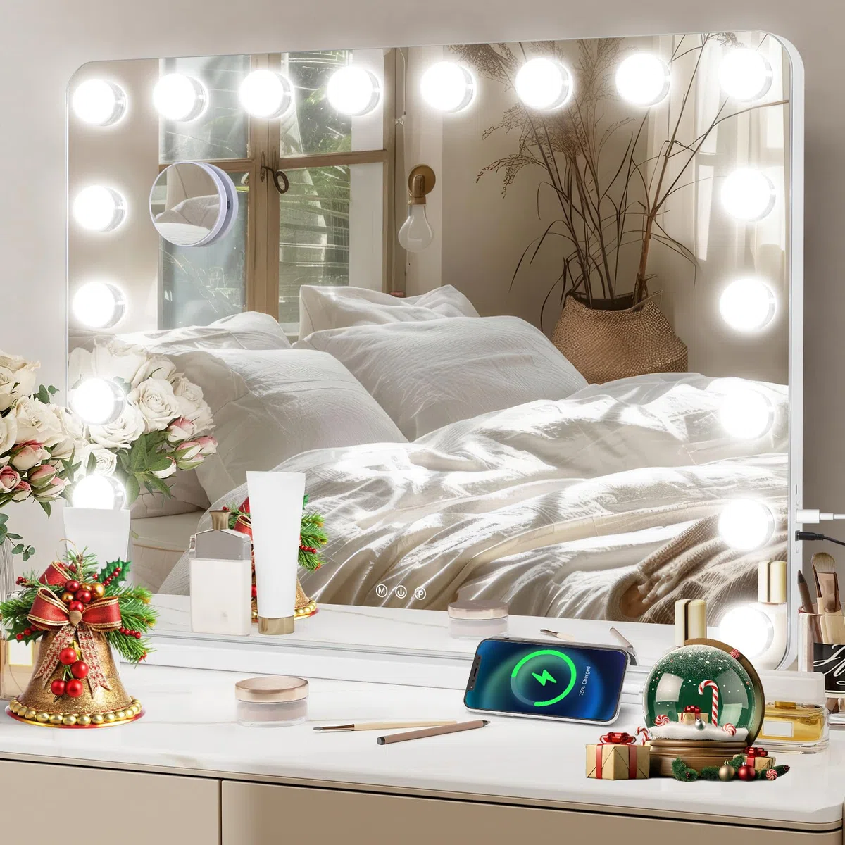 YU YUSING Hollywood Schminkspiegel mit Beleuchtung, 80x60cm 18 LED-Licht Kosmetikspiegel 3 Modi, Vanity Spiegel Tischspiegel Wandspiegel mit USB 10X Vergrößerung für Schlafzimmer Schminktisch, Weiß