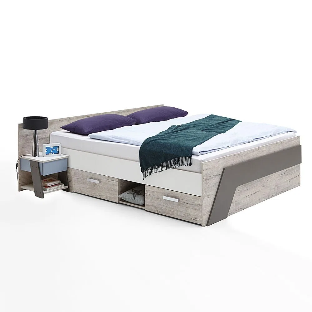 Lomadox Jugendzimmer Komplett Set Sandeiche weiß Lava blau 140x200 cm Kojenbett Kleiderschrank
