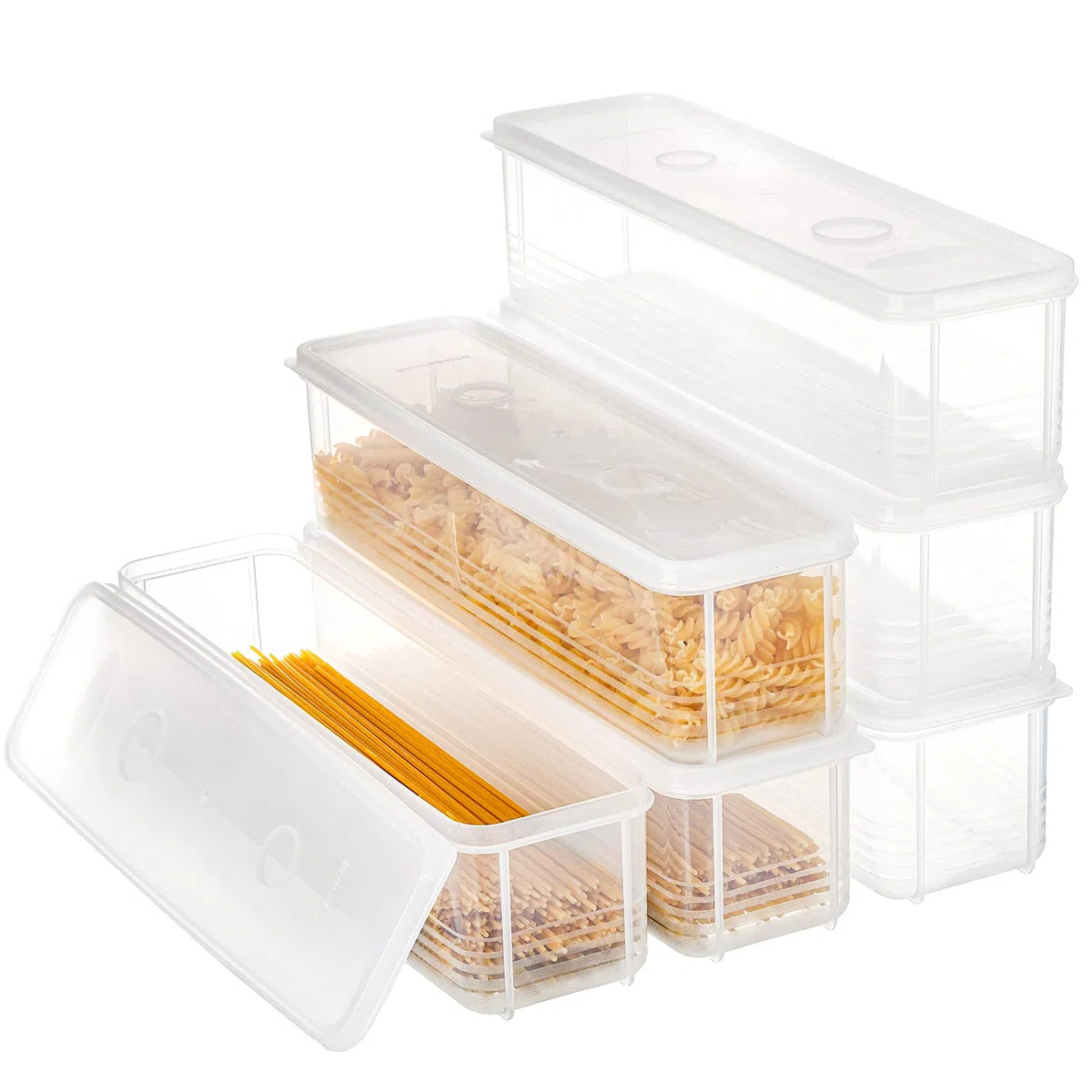 ZENFUN Set mit 6 Nudel Vorratsbehältern mit Deckel, Luftdichter Spaghetti Nudelhalter Nudel Aufbewahrungsbox Kanister für Kühlschrank, Küche Speisekammer, 30x8x7,5 cm, BPA-FREI