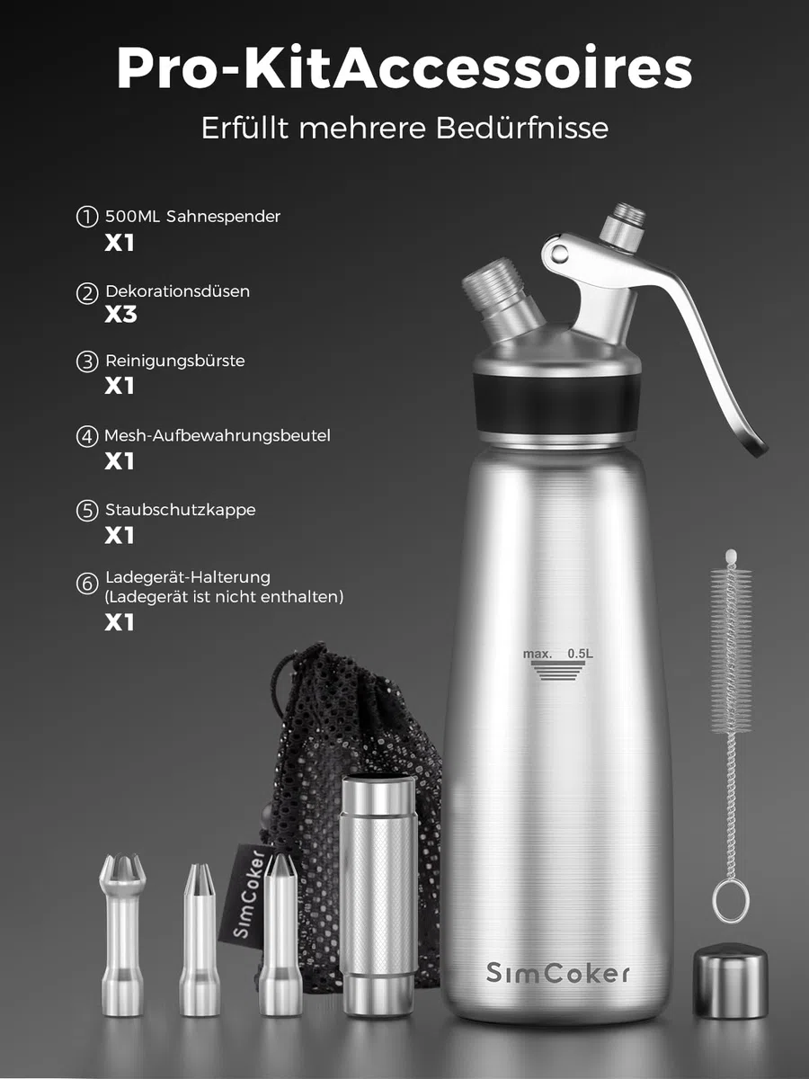 Sahnespender,Edelstahl Sahnesiphon 500ml,inklusive Ersatzteile 3 Spritztüllen und 1 Reinigungbürste, Schlagsahnebereiter,Deutsche Anweisungen