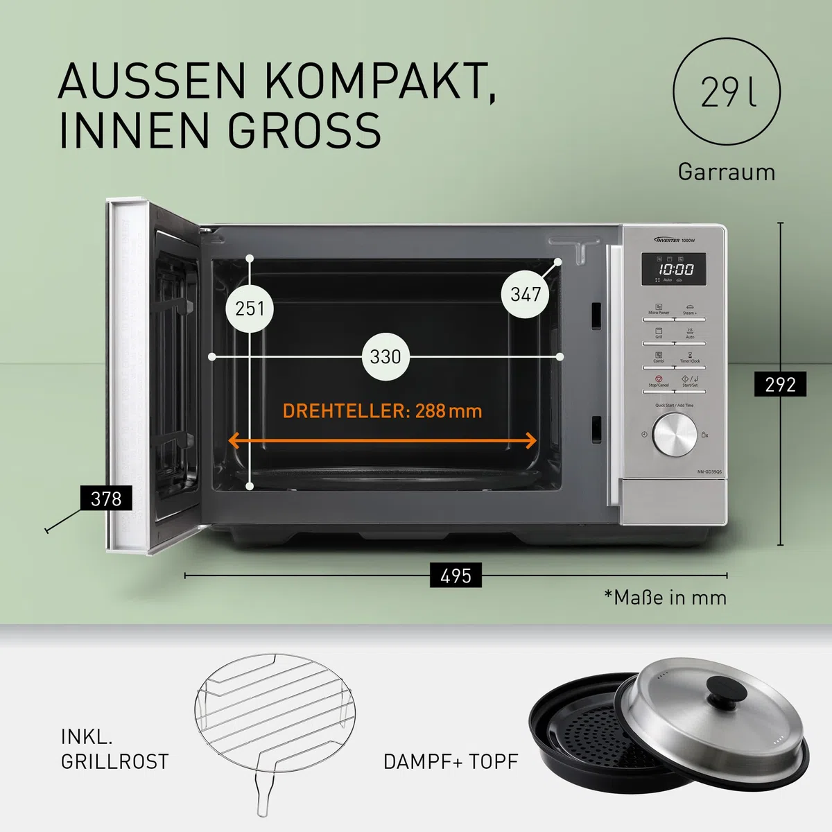 Panasonic NN-GD39QSEPG Grill-Mikrowelle 29 l 1000 W Steam+ Topf Silber Edelstahl