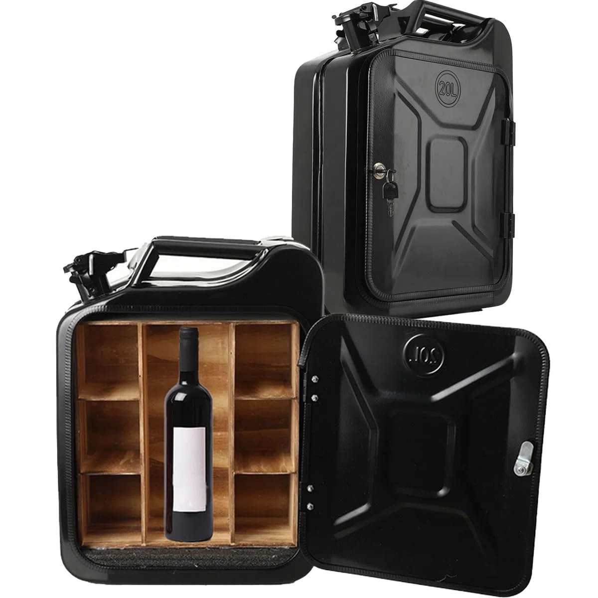 20L Kanister Bar, Männer, Abschließbare Minibar - Jerrycan 4 Fächern schwarzer Metall Mobile Bar Geburtstagsgeschenk für Männer, Abschließbarer Minibar - 34x46x16cm