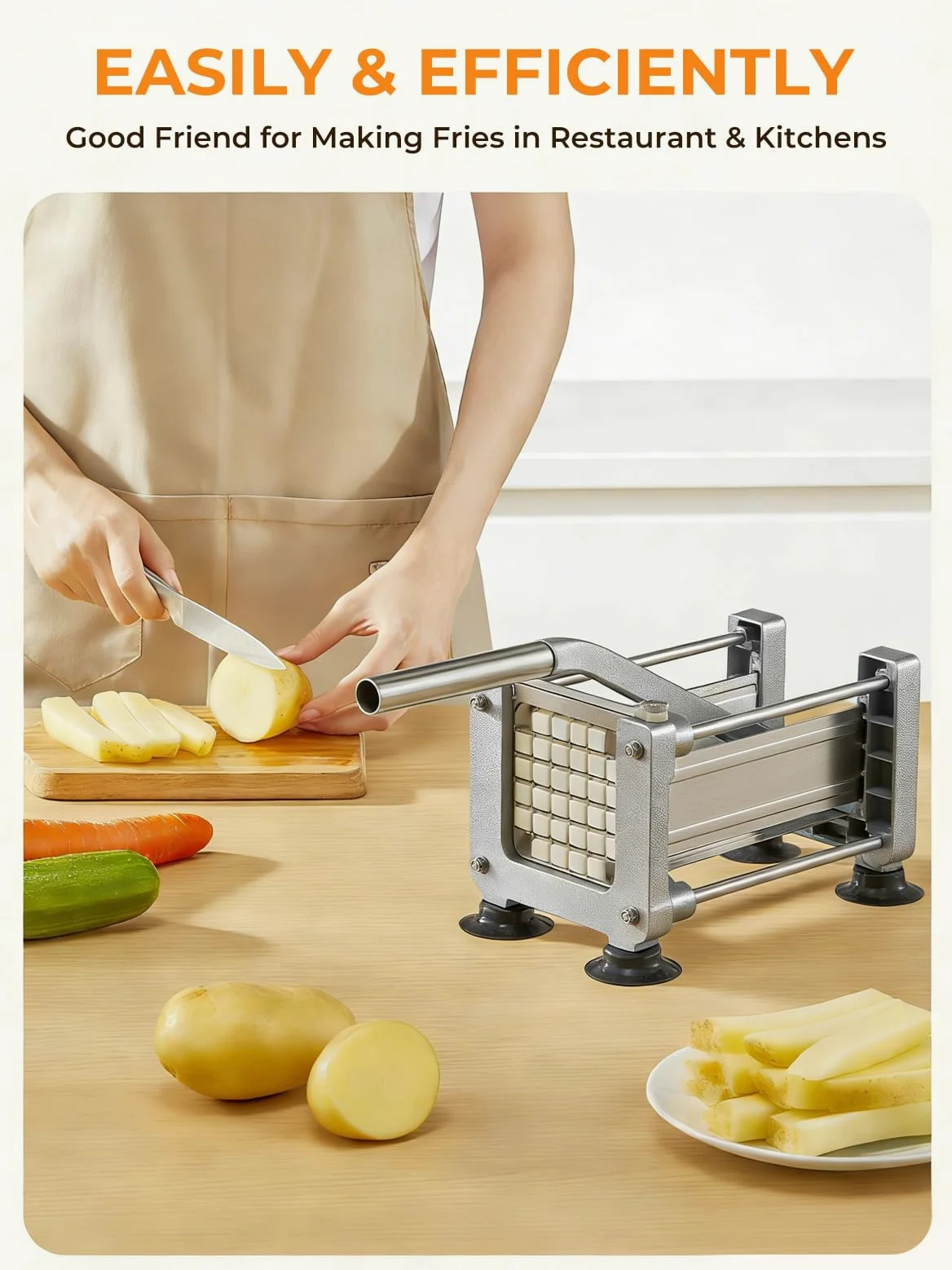 FOHRER Pommesschneider Edelstahl Professioneller Manueller Kartoffelschneider mit 13, 9, 6 mm Klingen aus Edelstahl, Pommes Frites Schneider für ganze Kartoffeln, Karotten, Gurken, Zwiebel, Silber