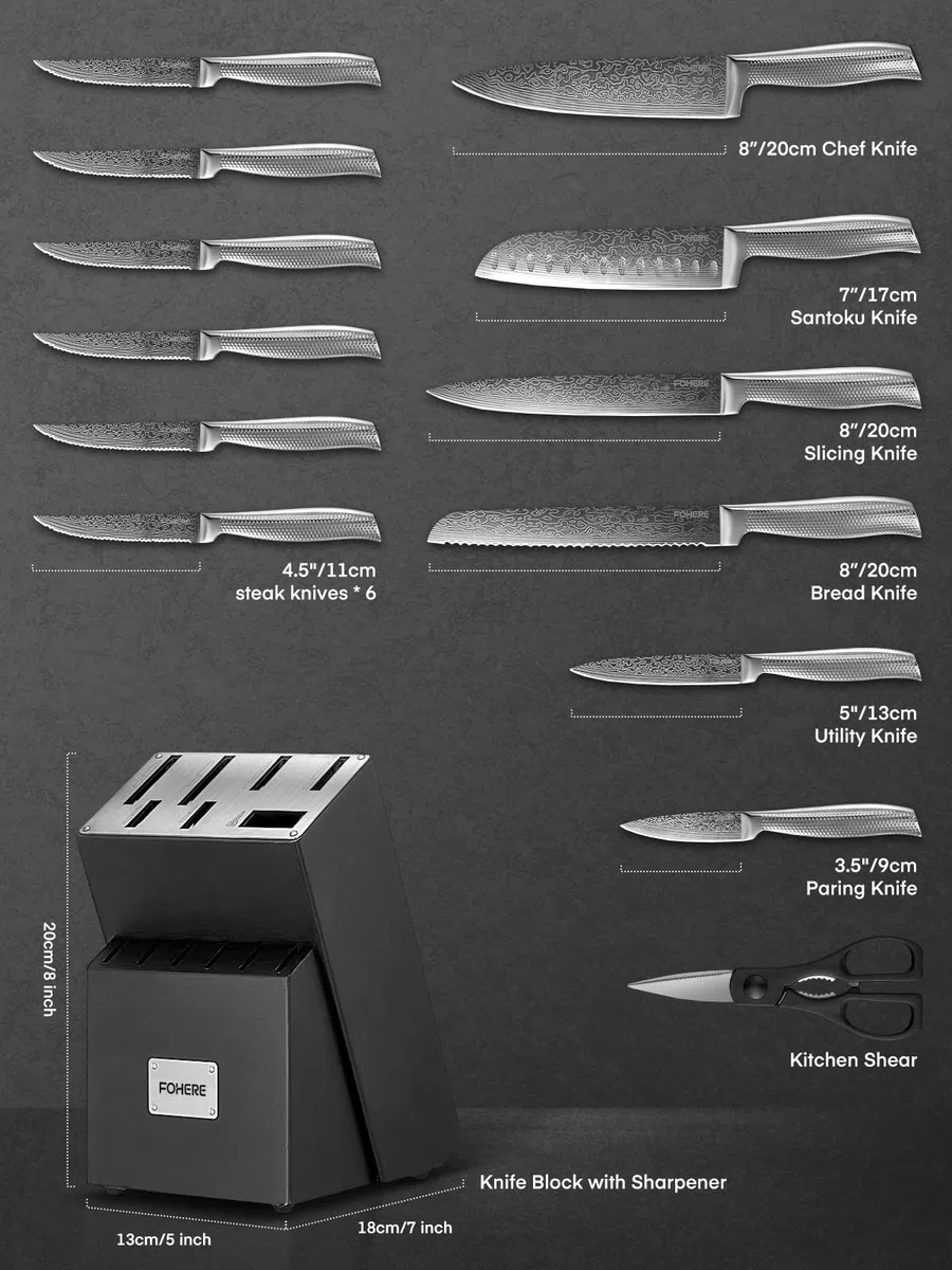 Messerblock Set, FOHERE 14-teilig Selbstschärfender Messerblock, Scharfes Messerset mit Holzblock, Ergonomischer, Rutschfester Griff aus Edelstahl, Profi Küchenmesser Set, Ideal als Geschenk