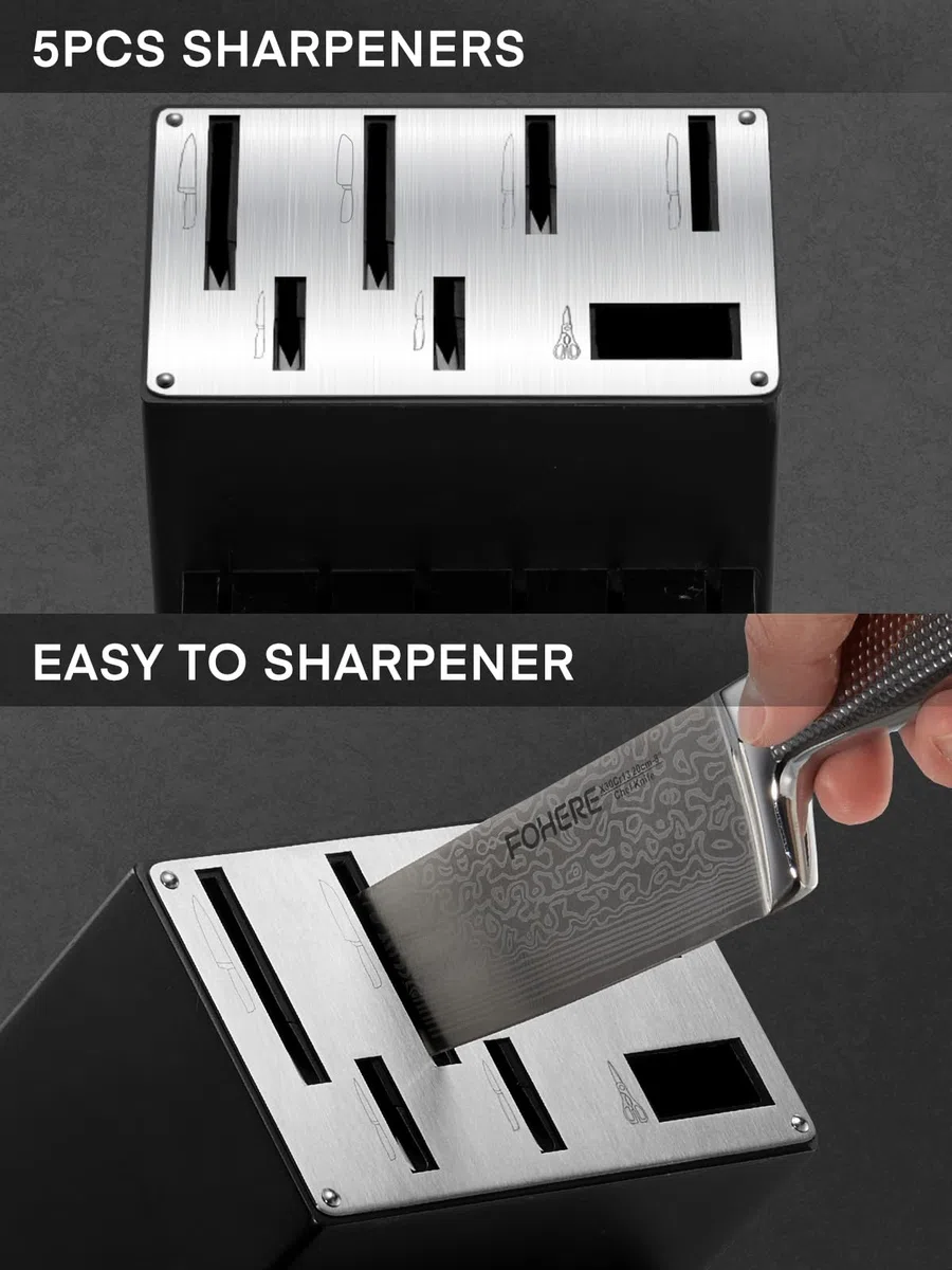 Messerblock Set, FOHERE 14-teilig Selbstschärfender Messerblock, Scharfes Messerset mit Holzblock, Ergonomischer, Rutschfester Griff aus Edelstahl, Profi Küchenmesser Set, Ideal als Geschenk