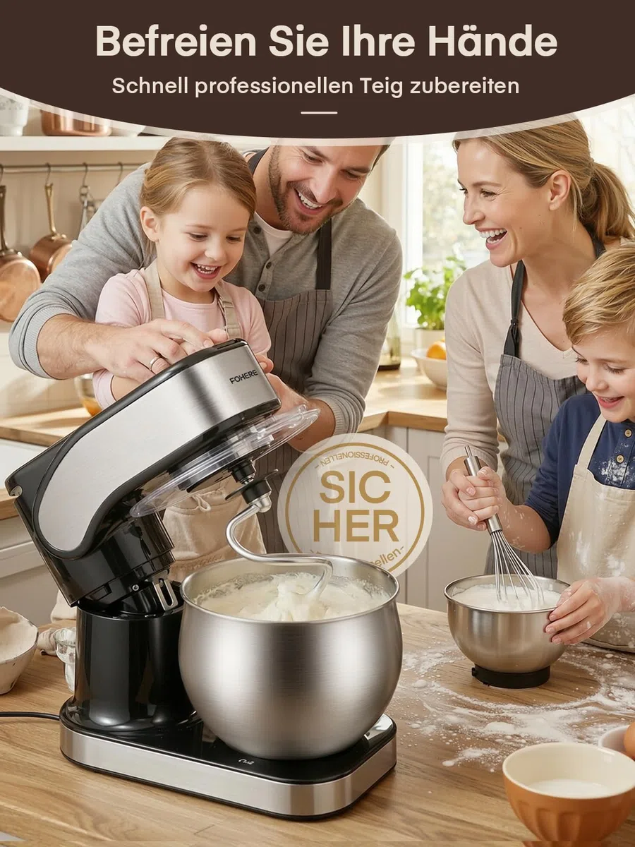 Küchenmaschine mit 5L + 3L Edelstahlschüsseln Dual-Schalen, Knetmaschine Mit Aufgewerteter Knethaken, 1300W Leistungsstarke Teigmaschine, 6+P Geschwindigkeiten, Knethaken, Rührbesen und Schneebesen