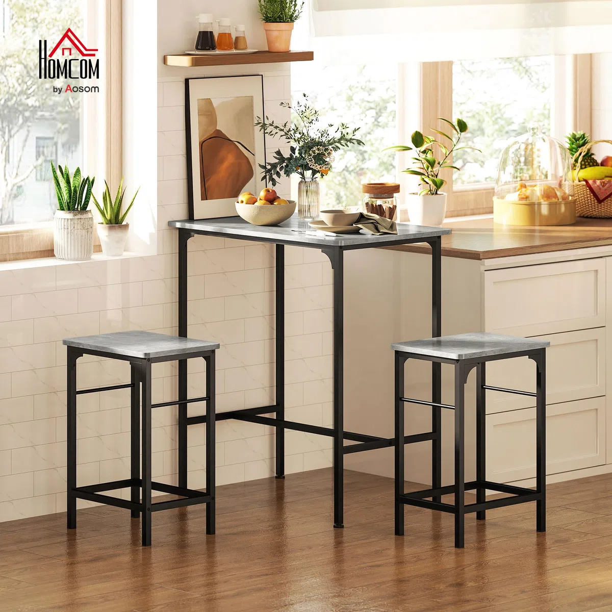 HOMCOM Bartisch Set Bartisch mit Barhocker-Set Esstisch mit 2 Stühlen mit Rutschfestem Fußpolster Küchentisch für Esszimmer, Küche, Grau