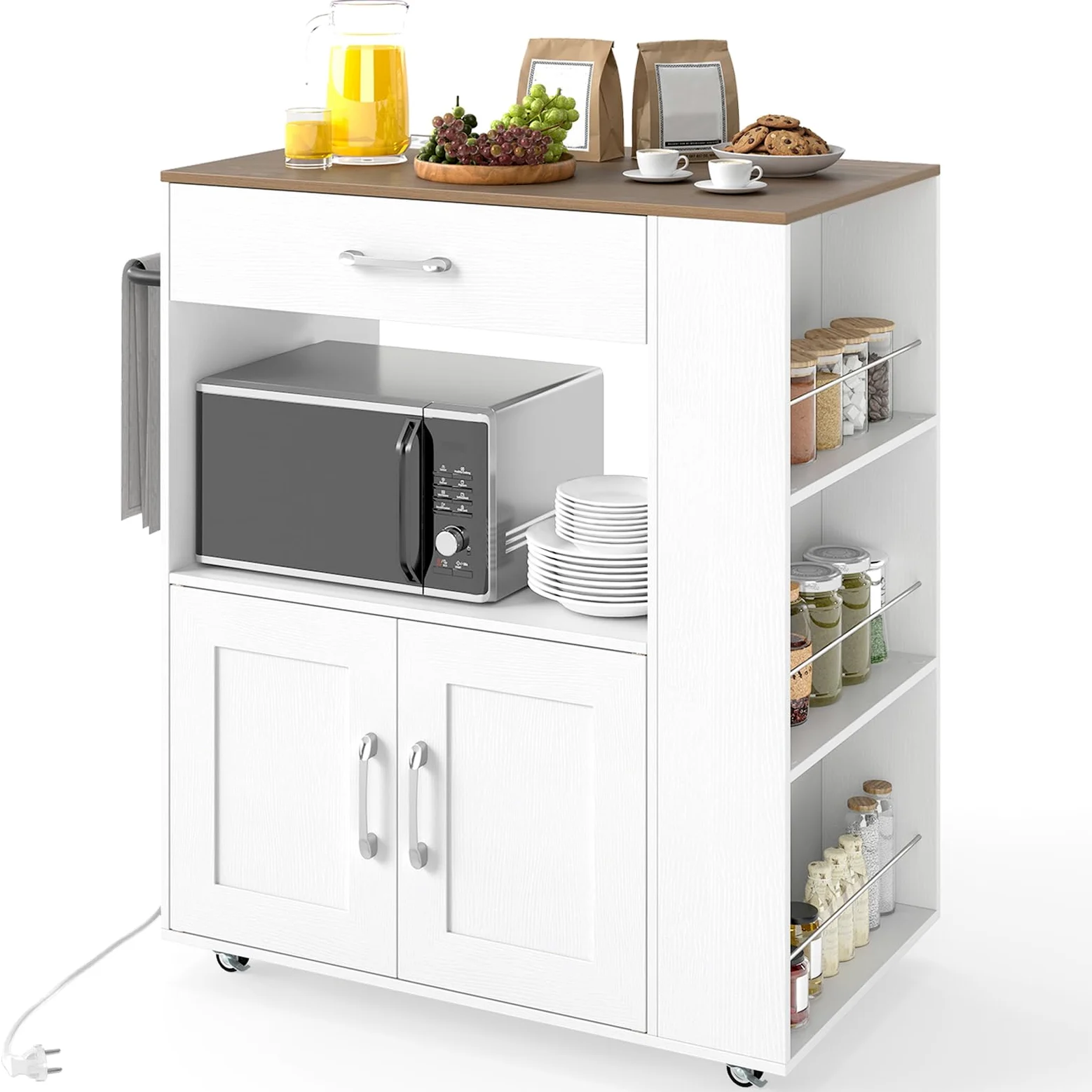 FANTASK Mobiler Küchenwagen mit USB-Ladestation, Servierwagen, 75x46x90,5 cm Weiß