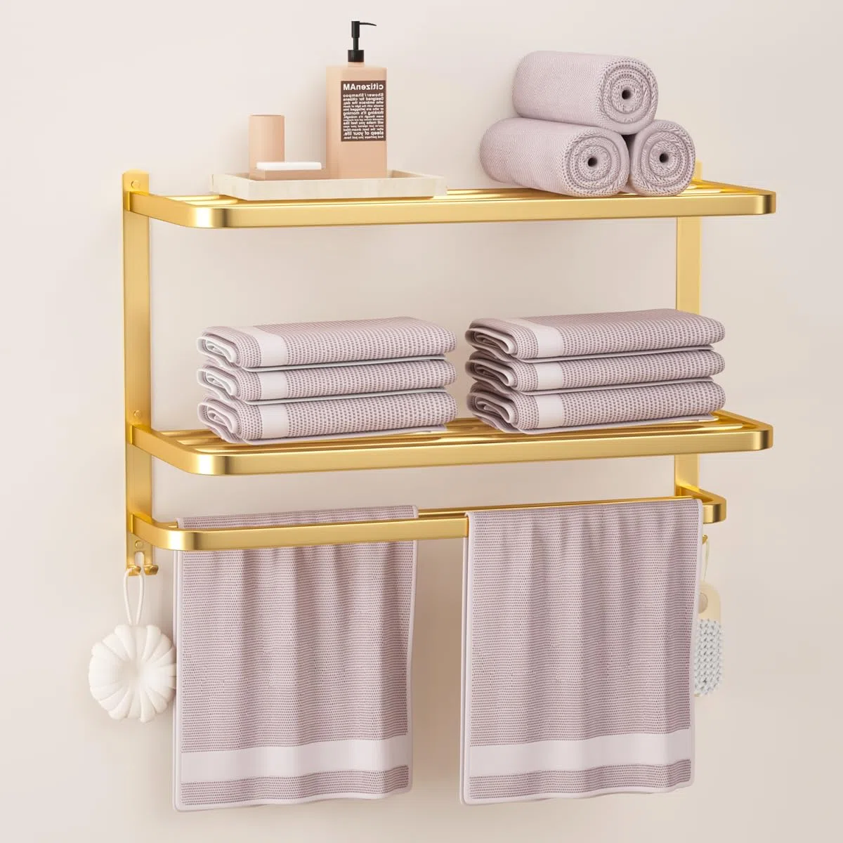 3-stöckige goldene Handtuchhalter für Badezimmer mit Handtuchstangen Mehrschichtiges Hotel Handtuchregal Edelstahl Wandmontage Gebürstete Oberfläche Halter mit Handtuchregalen 58.4 cm
