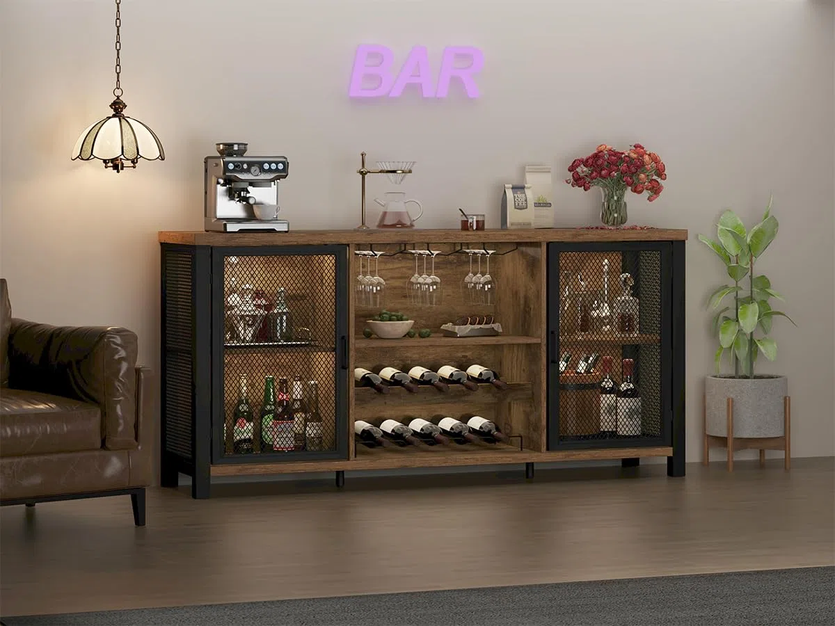 Launica Sideboard Kücheschrank Mit Stauraum Industriell Weinschrankf für Spirituosen Schrank Mit Wein Regal Holz Metall Barschrank für Zuhause Küche Essen Rustikal Braun 140 cm