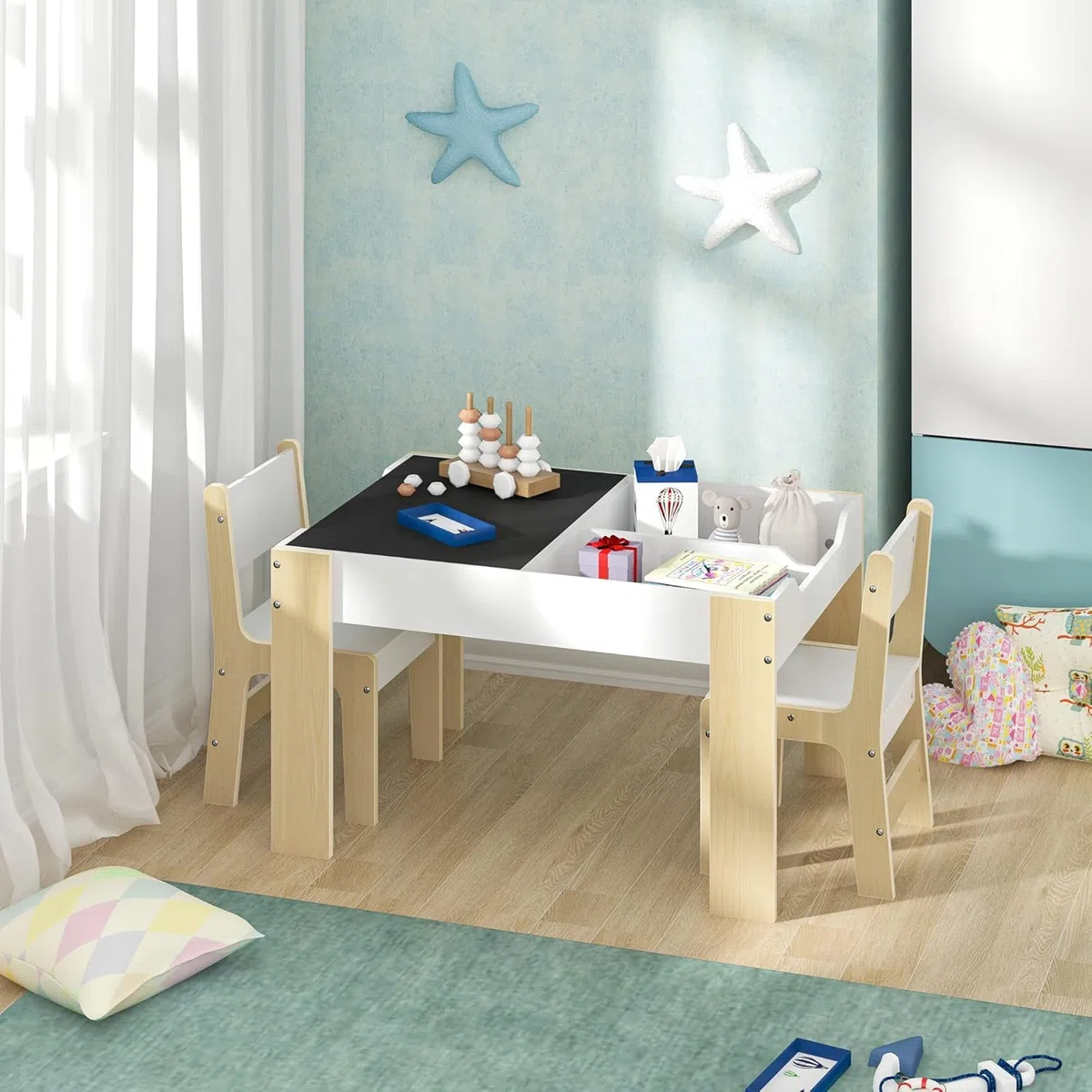 Lestarain Kindertisch mit 2 Stühlen, Kindertisch mit Stauraum, Maltisch für Kinder, Kindersitzgruppe mit wendbarer & abnembarer Tischplatte, Kindermöbel Set für Kinderzimmer Kindergärten, Weiss