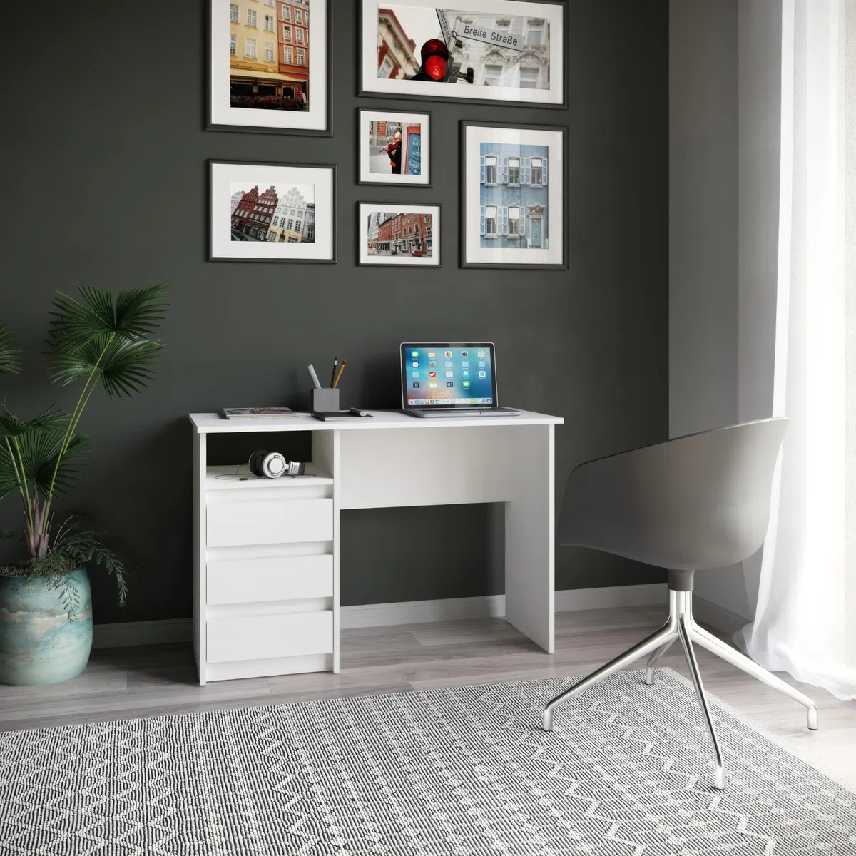 KOMTO Schreibtisch mit Schubladen - Bürotisch Computertisch Klein Arbeitstisch Büro PC-Tisch Kinderschreibtisch mit Stauraum | Moderner Schreibtisch Weiß | Oslo 110 x 50 x 74 cm
