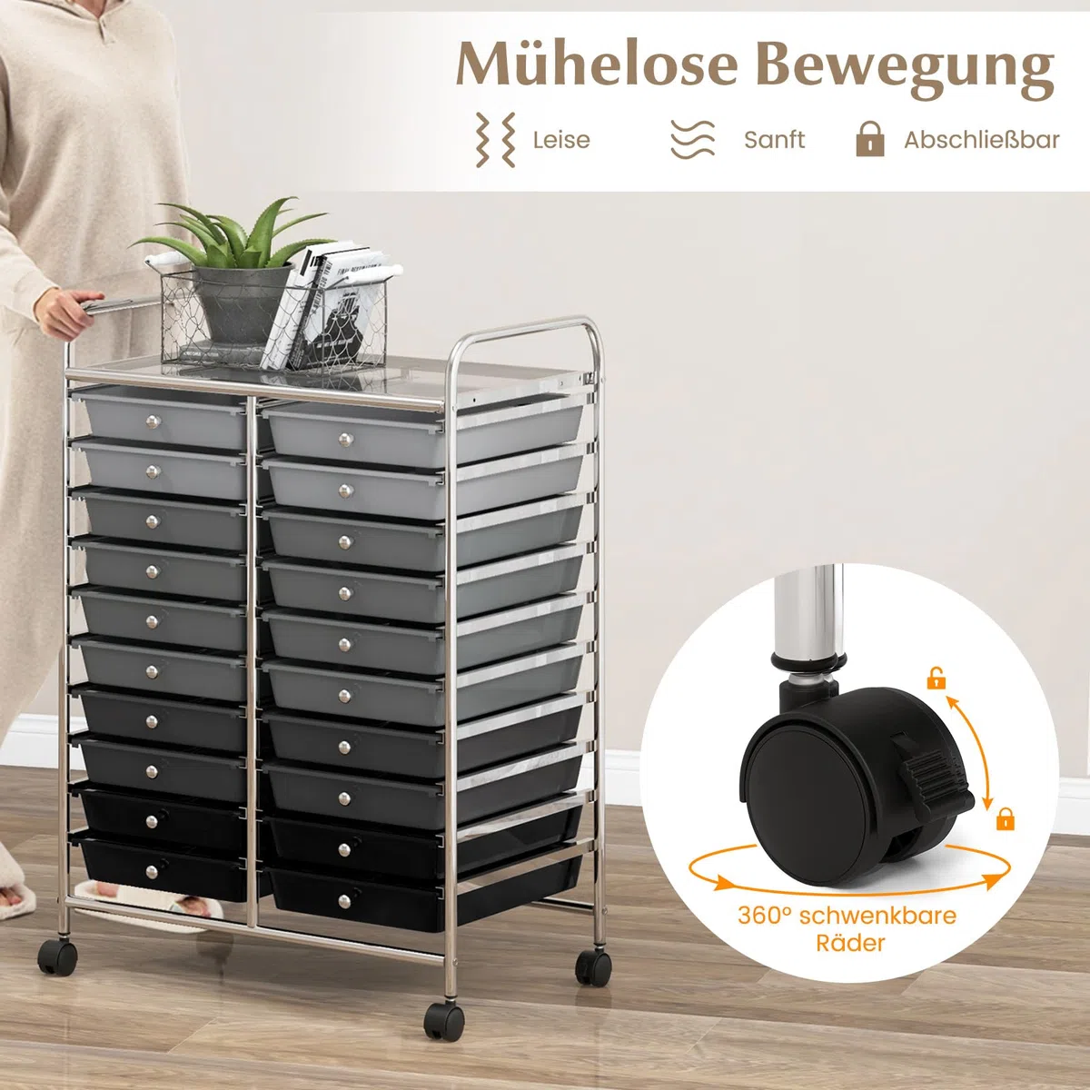 COSTWAY Rollwagen mit 20 stapelbaren Schubladen, Schubladenwagen, Rollcontainer mit Metallgestell und Ablagefläche, Badrollwagen Beistellwagen für Büro, Wohnzimmer (Gemischt Schwarz)