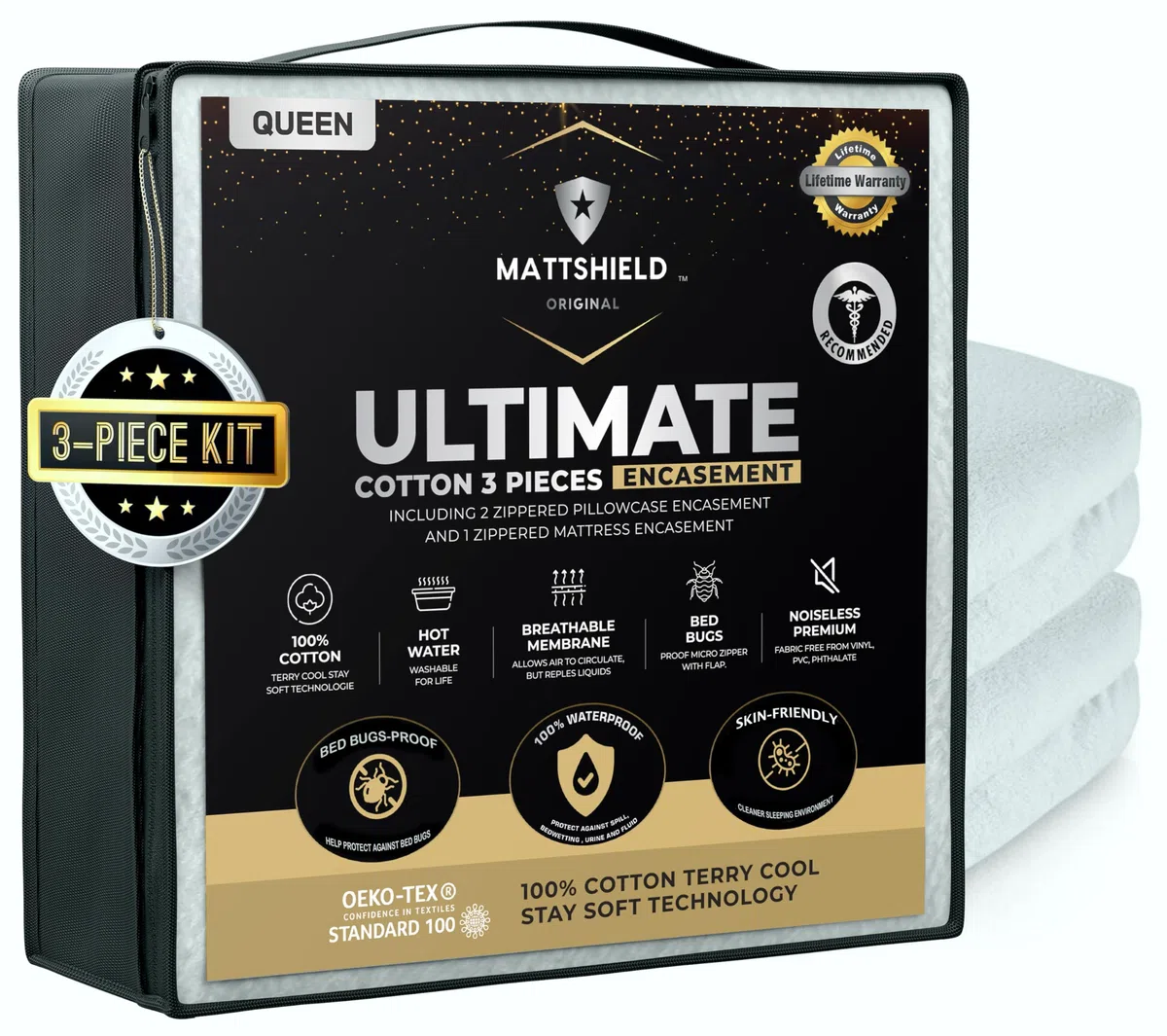 MATTSHIELD Ultimatives 3-teiliges Set – Bettwanzensicherer Matratzenbezug, Queen-Size-Größe, 100% Baumwolle + 2 Kissenschoner mit Reißverschluss – 6-seitige wasserdichte Abdeckung, Beste