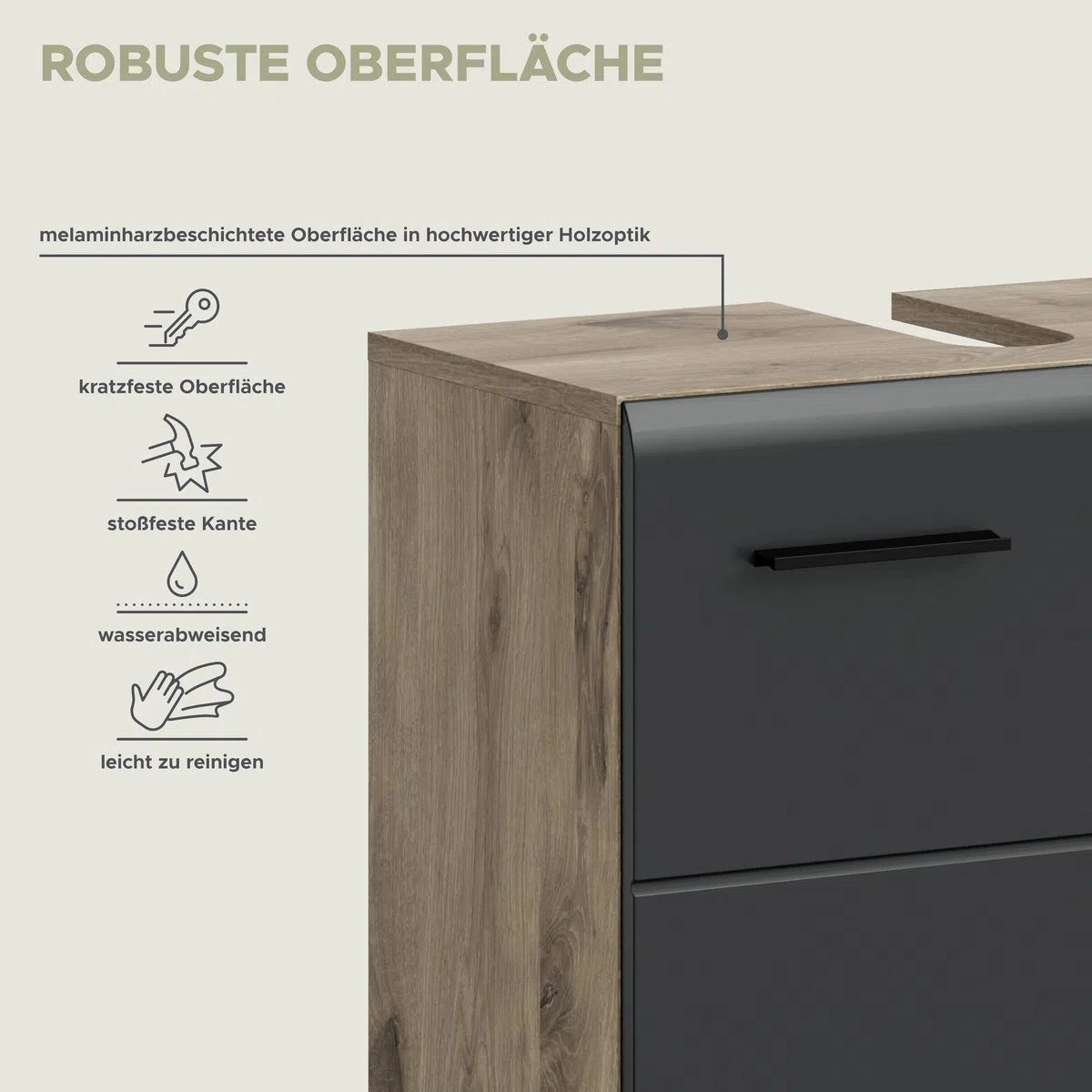 xonox.home – Waschbeckenunterschrank Ice 60x54x30 cm in Korpus Nox Oak Nachbildung und Front schwarz matt – Stilvoller Unterschrank für Waschbecken – elegant & kompakt