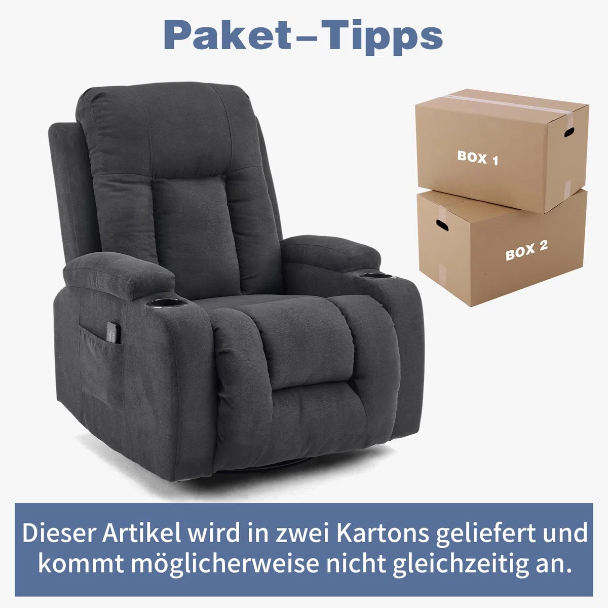 LEADZM Fernsehsessel Relaxsessel mit 360°-Drehung, Elektro-Massagesessel mit Liegefunktion, Massage, Heizung, 2 Seitentaschen und Getränkehalter, Schwarz