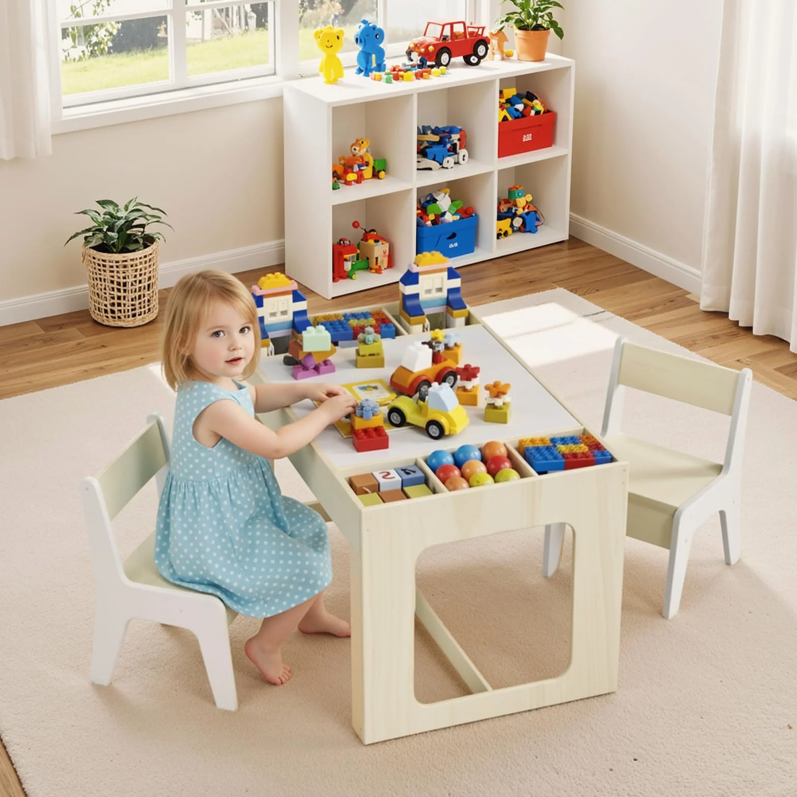 Clevich Kindersitzgruppe mit Stauraum, Kindertisch mit 2 Stühlen, Kinder Tisch Stuhl Set mit wendbarer Tischplatte, Kinderschreibtisch für Kindertagesstätte, für Kinder ab 3 Jahren, Holzfarbe