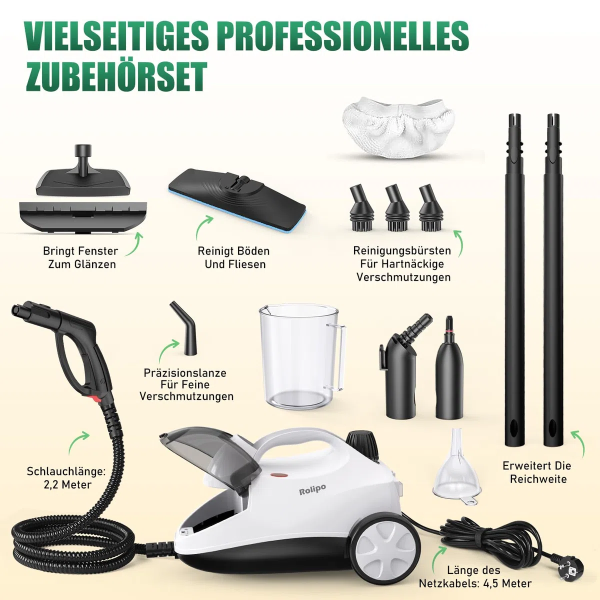 Rolipo Dampfreiniger, Dampfdruck: 4 Bar, Leistung: 2000 W, Tank: Max 2 L, Nutzungsdauer: 40 Minuten, mit Bodenreinigungsset, Düsen und Rundbürste von Böden, Sofas, Polstermöbel und Autos