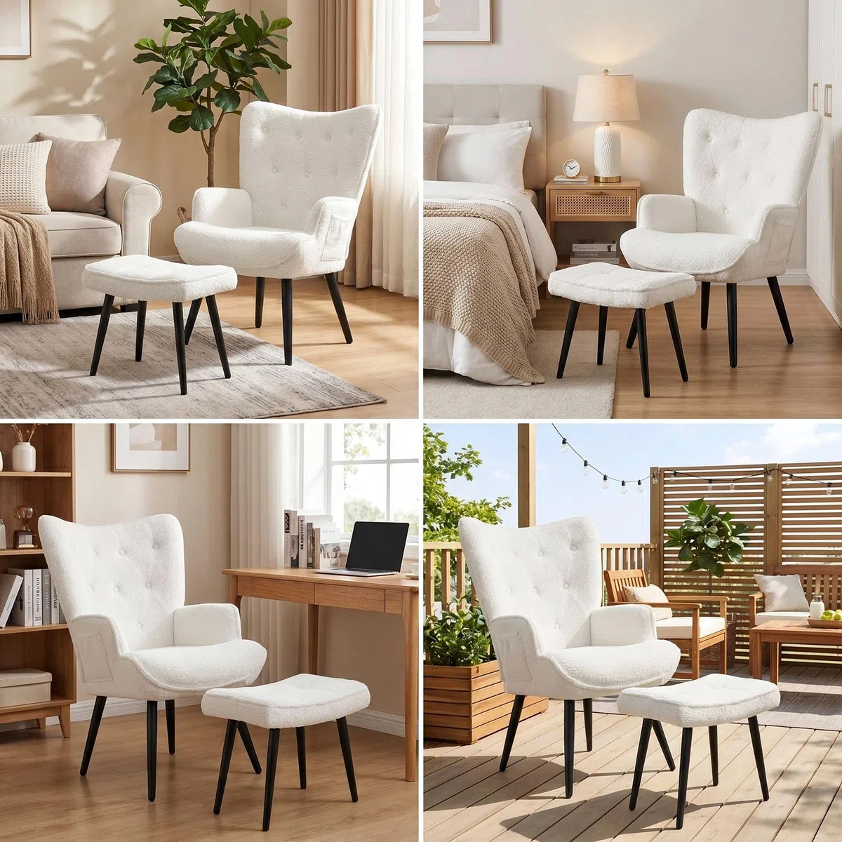 Clevich Ohrensessel - Gemütlicher Loungesessel mit Hocker, Lesesesselaus, Chenille Armchair für Wohnzimmer & Schlafzimmer - Bis 168kg (Weiß)