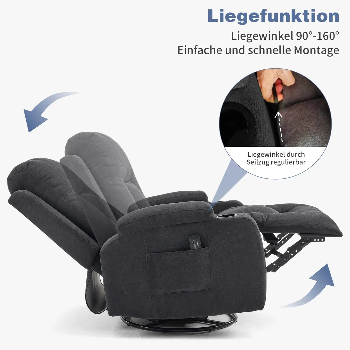 LEADZM Fernsehsessel Relaxsessel mit 360°-Drehung, Elektro-Massagesessel mit Liegefunktion, Massage, Heizung, 2 Seitentaschen und Getränkehalter, Schwarz