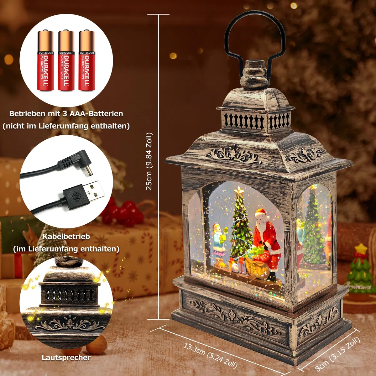 Marsyu Weihnachts Schneekugel Laterne mit Zeitschaltuhr, Beleuchtete USB/batteriebetriebene Wirbelnde Singende Wasserlaterne, Schneekugel Laterne für Erwachsene Kinder, Weihnachtsdekoration/Geschenk