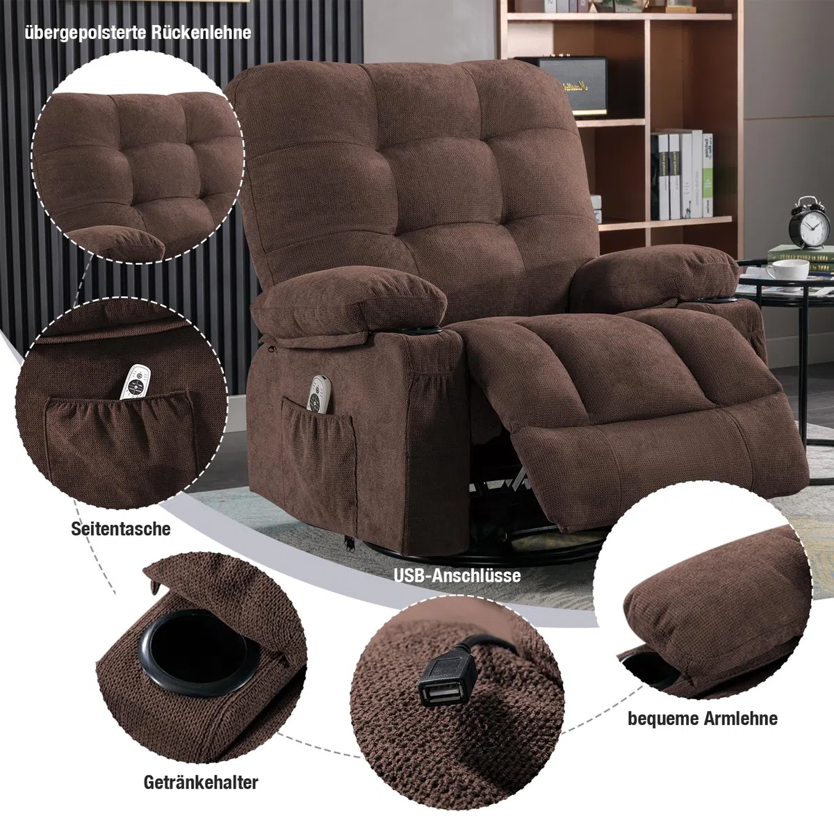 Bosmiller Relaxsessel mit Liegefunktion Elektrisch Fernsehsessel Oversize 360° Drehbarer Liegesessel mit Wärmefunktion Heizung Verstellbar Sessel Stoff TV-Sessel für Wohnzimmer, Braun