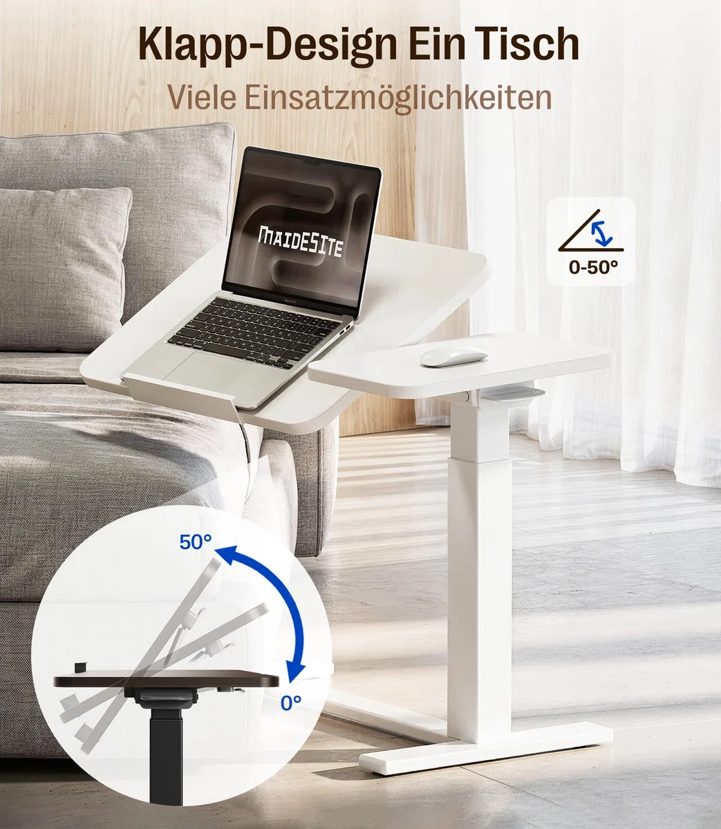 MAIDeSITe Beistelltisch C-Form mit Rollen,höhenverstellbarer Laptoptisch für Sofa&Bett,mobiler Beistelltisch mit geteiltem Tischdesign für Wohnzimmer&Schlafzimmer-Weiß