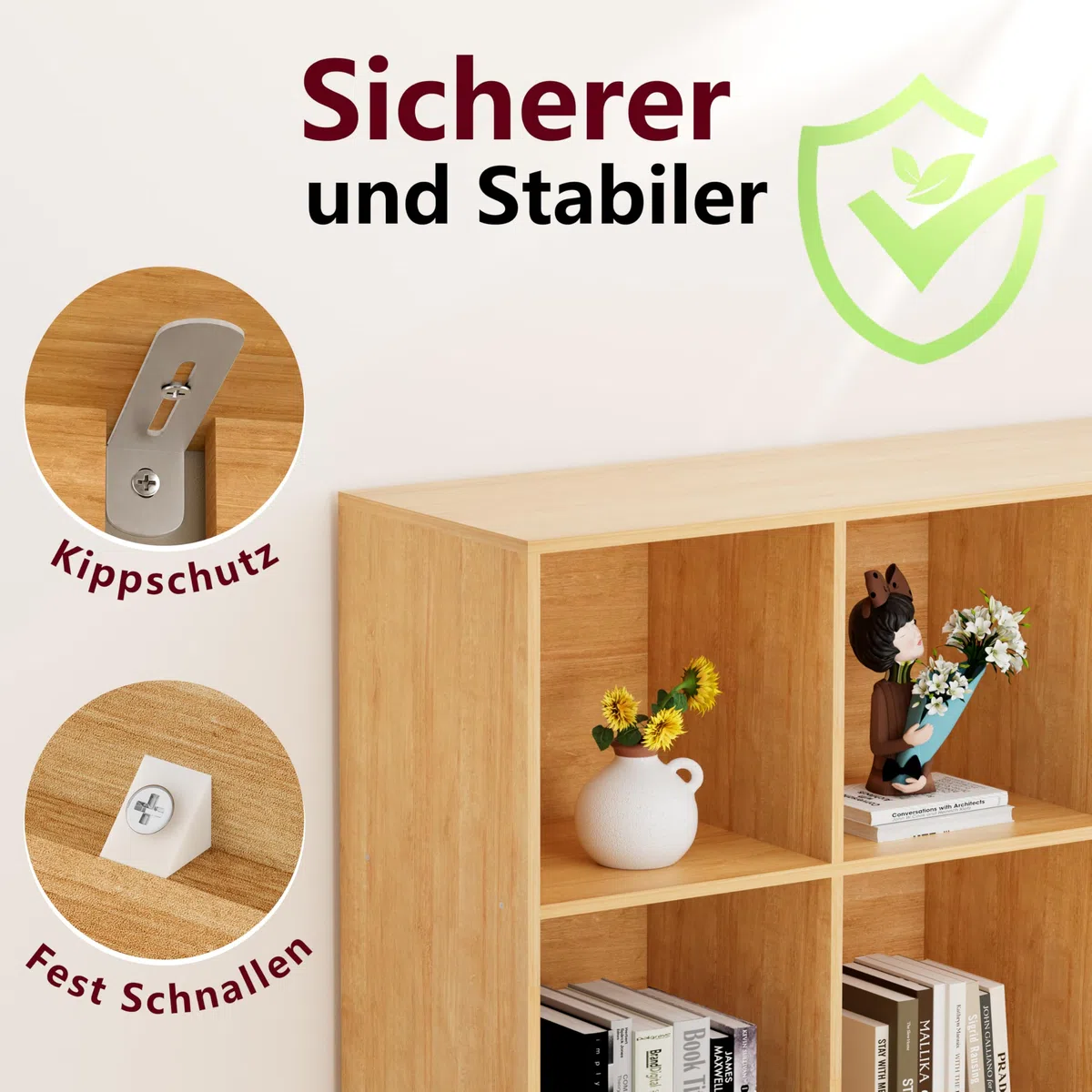 Bücherregal Holz mit Geschlossener Rückwand,Raumteilerregal,Würfelregal,Naturholz,8 Würfel