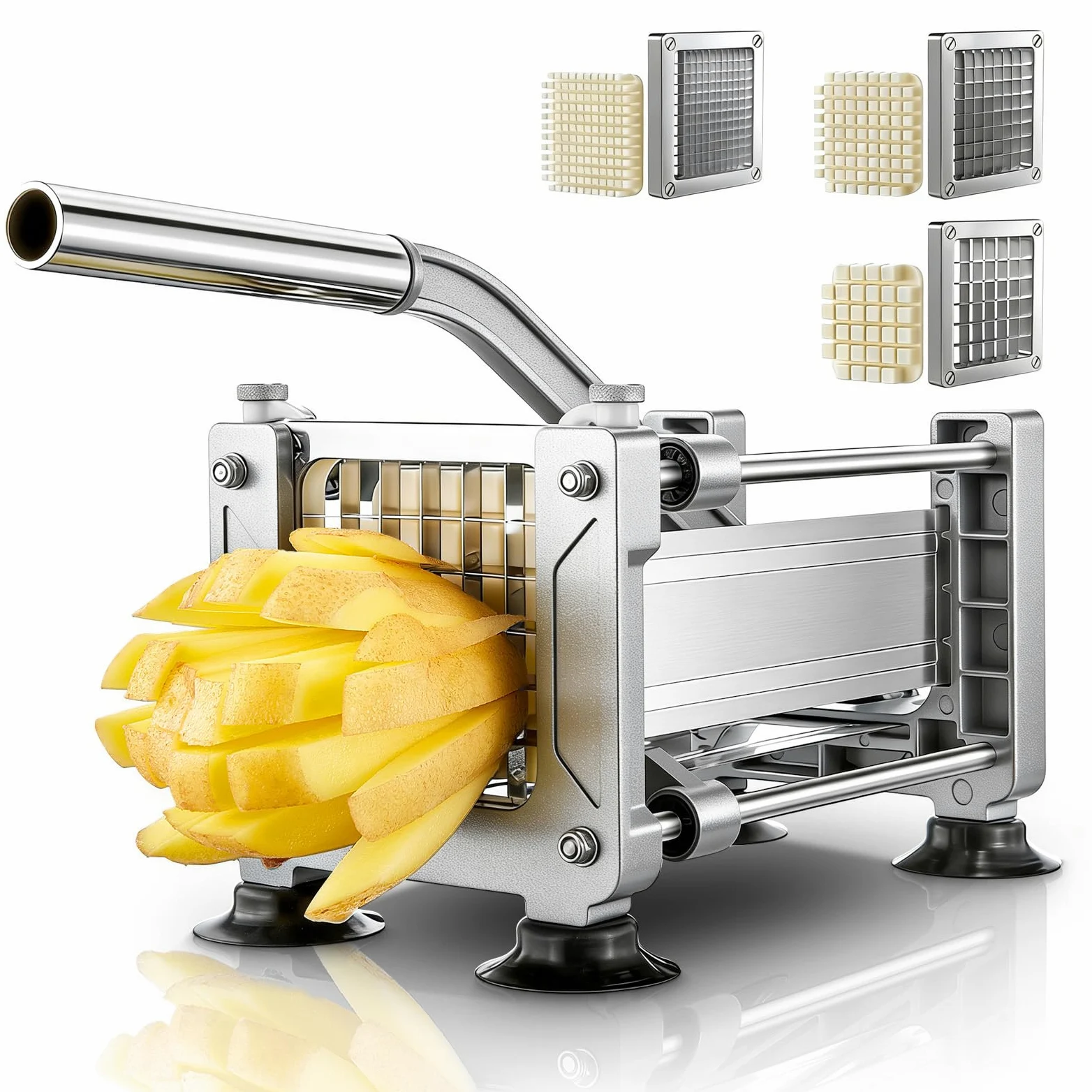 FOHRER Pommesschneider Edelstahl Professioneller Manueller Kartoffelschneider mit 13, 9, 6 mm Klingen aus Edelstahl, Pommes Frites Schneider für ganze Kartoffeln, Karotten, Gurken, Zwiebel, Silber