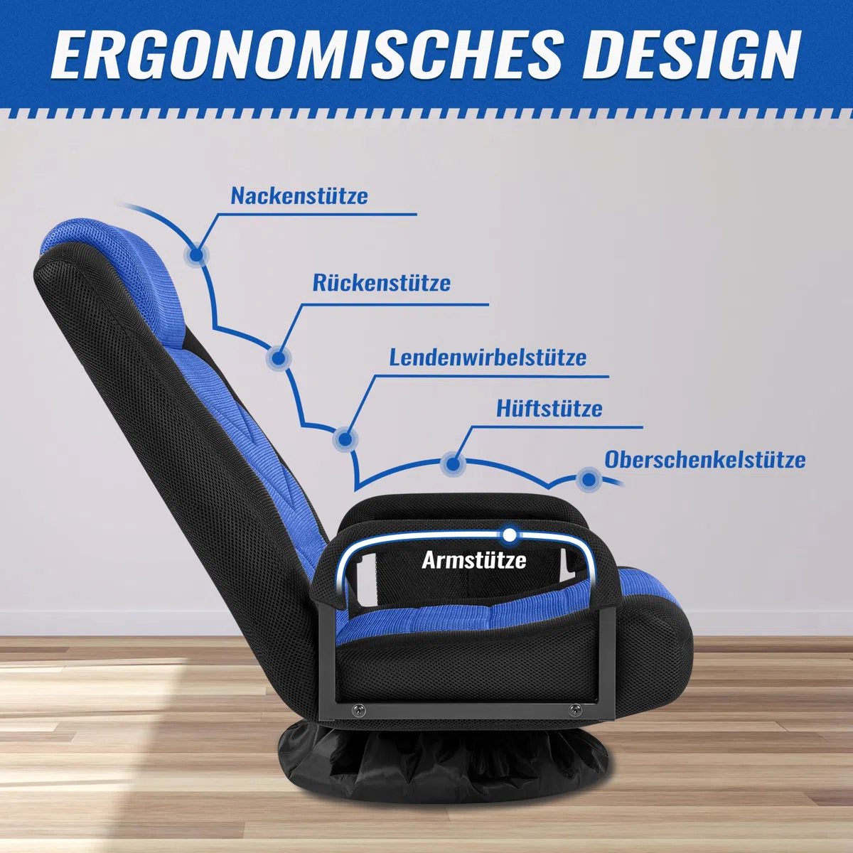 Yaheetech Bodenstuhl 360° Drehbar, Bodensessel 6-stufig Verstellbar, Klappbarer Boden Gaming Stuhl mit Armlehne & Praktischer Tasche, Bodensofa für Wohnzimmer/Schlafzimmer/Büro, Schwarz & Blau