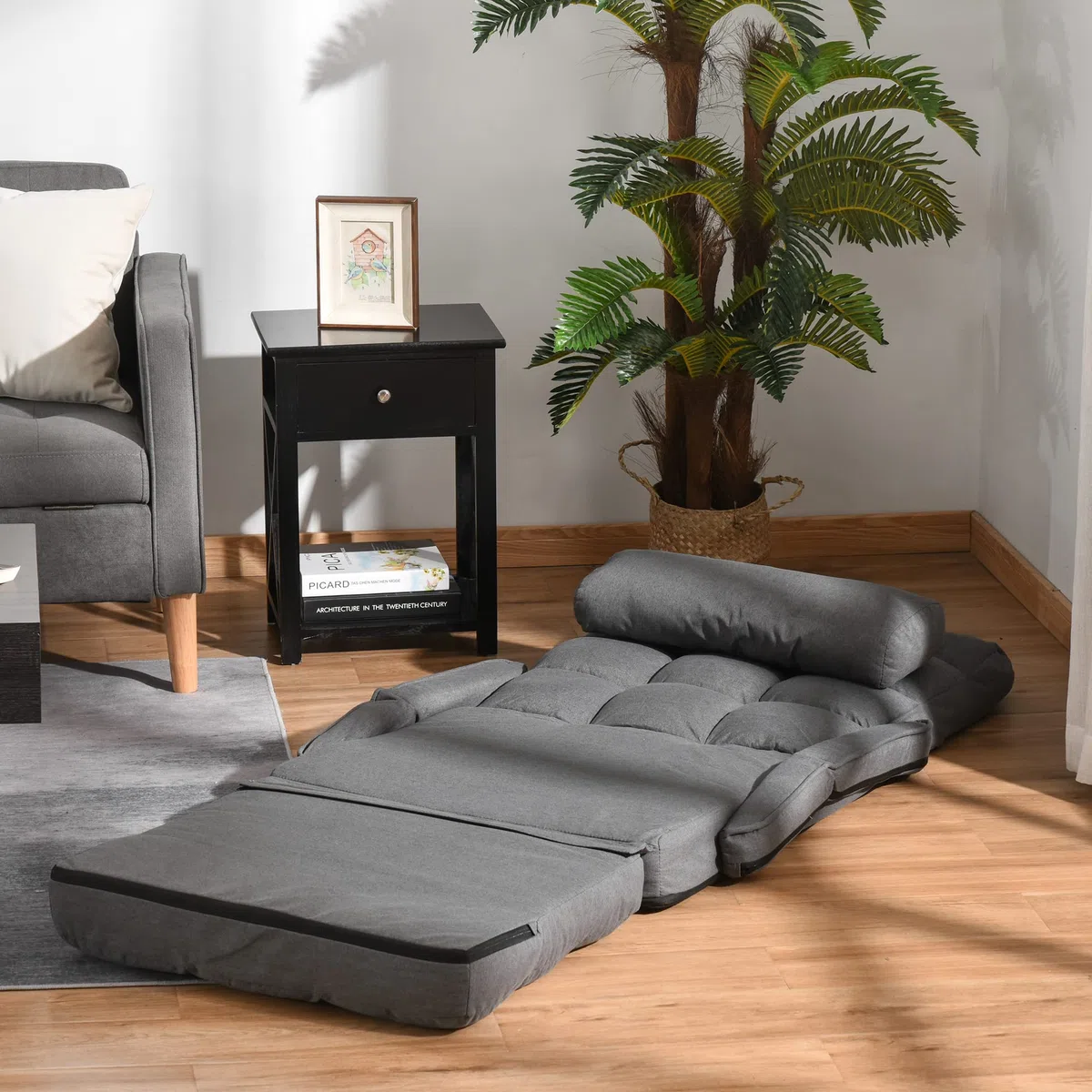 HOMCOM Bodenstuhl Bodensessel mit 5-Fach Verstellbarer Rückenlehne, Lendenkissen, Schlafsessel Bodensofa Gepolstert Lazy Sofa für Wohnzimmer Gaming & Lesen Dunkelgrau