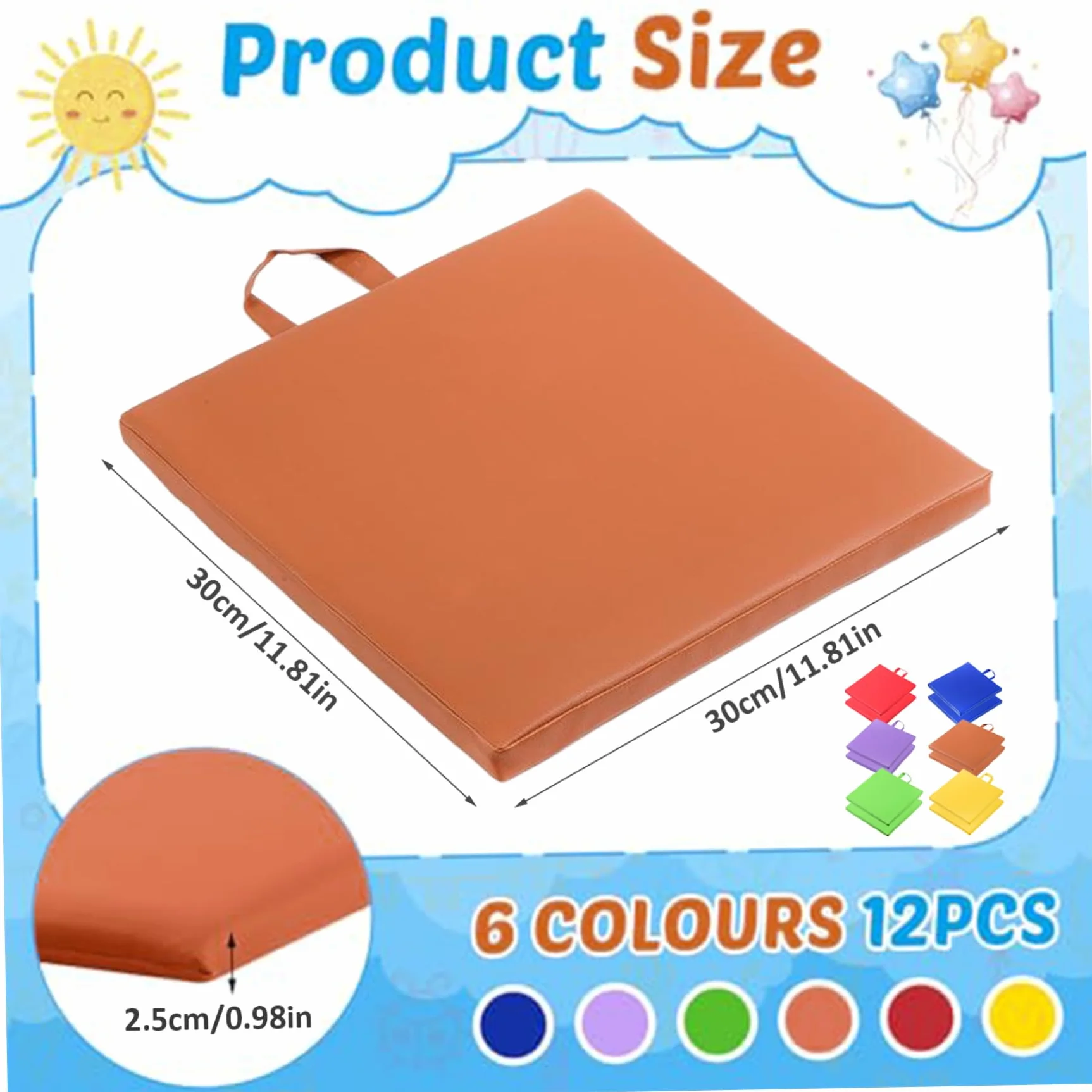 Bodenkissen für Klassenzimmer, 12pcs 12 Zoll wasserdichte flexible Sitzplätze mit Griff, 6 Farben Rechteckige Bodensitz, Kissen für Kinder, Kindertagesstätte, Vorschule, flexible Sitzplätze für Klass