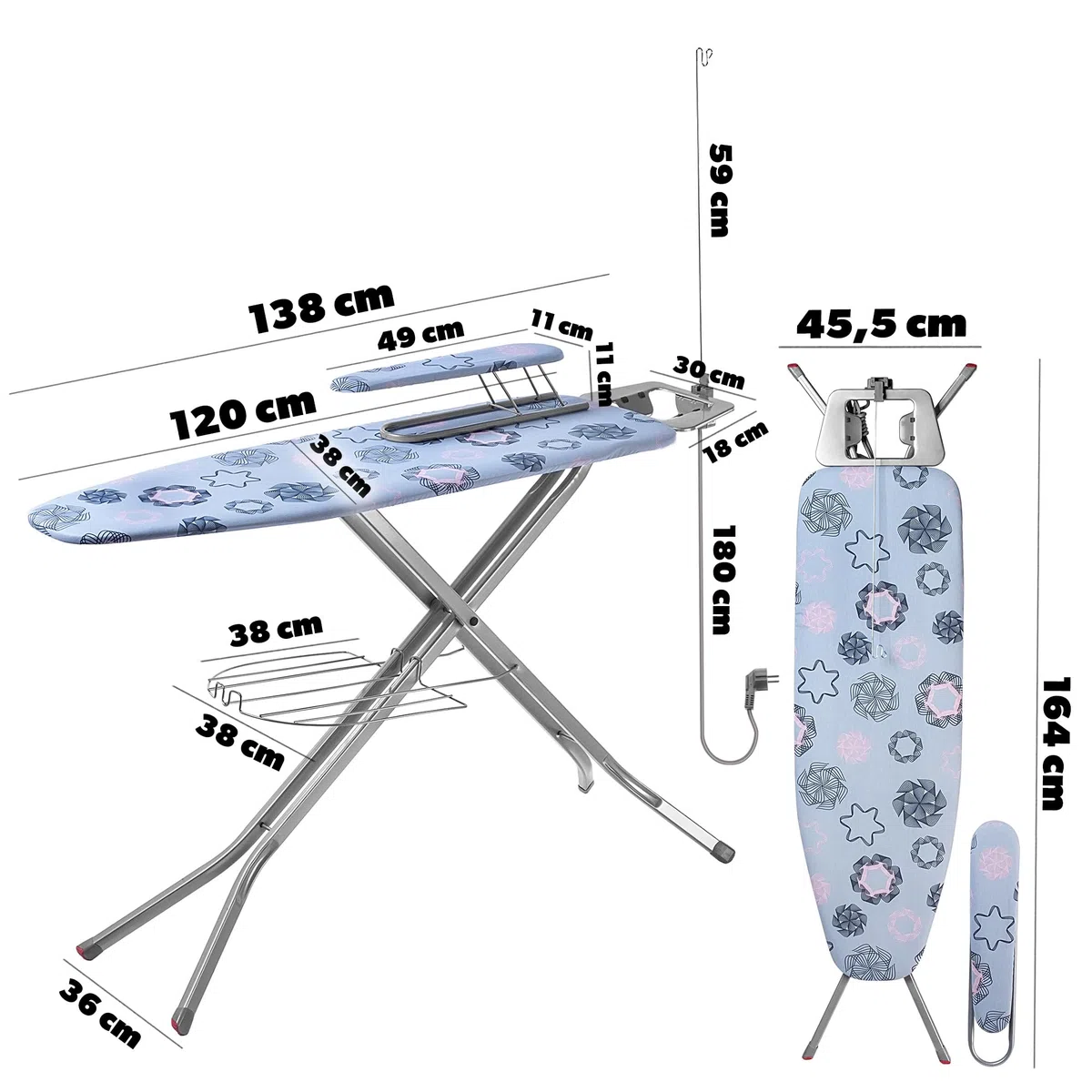 KADAX großes Bügelbrett 120x30cm mit Ärmelbügelbrett 49x11cm - Stabiler Bügeltisch für Dampfbügelstation, klappbar, höhenverstellbar, mit hitzebeständiger Bügeleisenablage