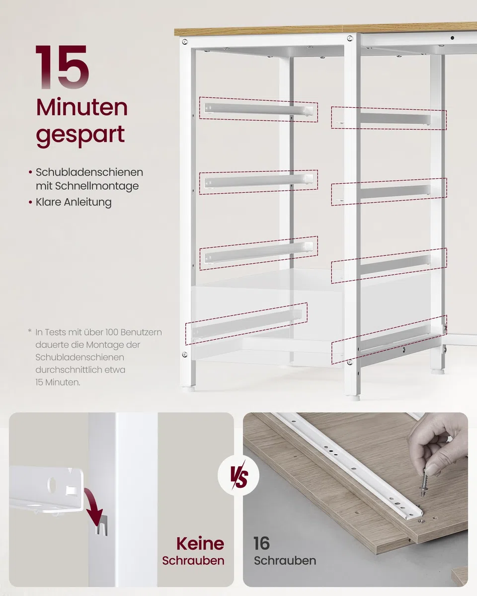 VASAGLE L-förmiger Eckschreibtisch mit Steckdosen, Computertisch, Gaming-Tisch, beidseitig montierbar, verstellbare Ablagen, 4 Schubladen, 2 USB-Anschlüsse, 140 x 80 cm, natureichenfarben LWD172YD01